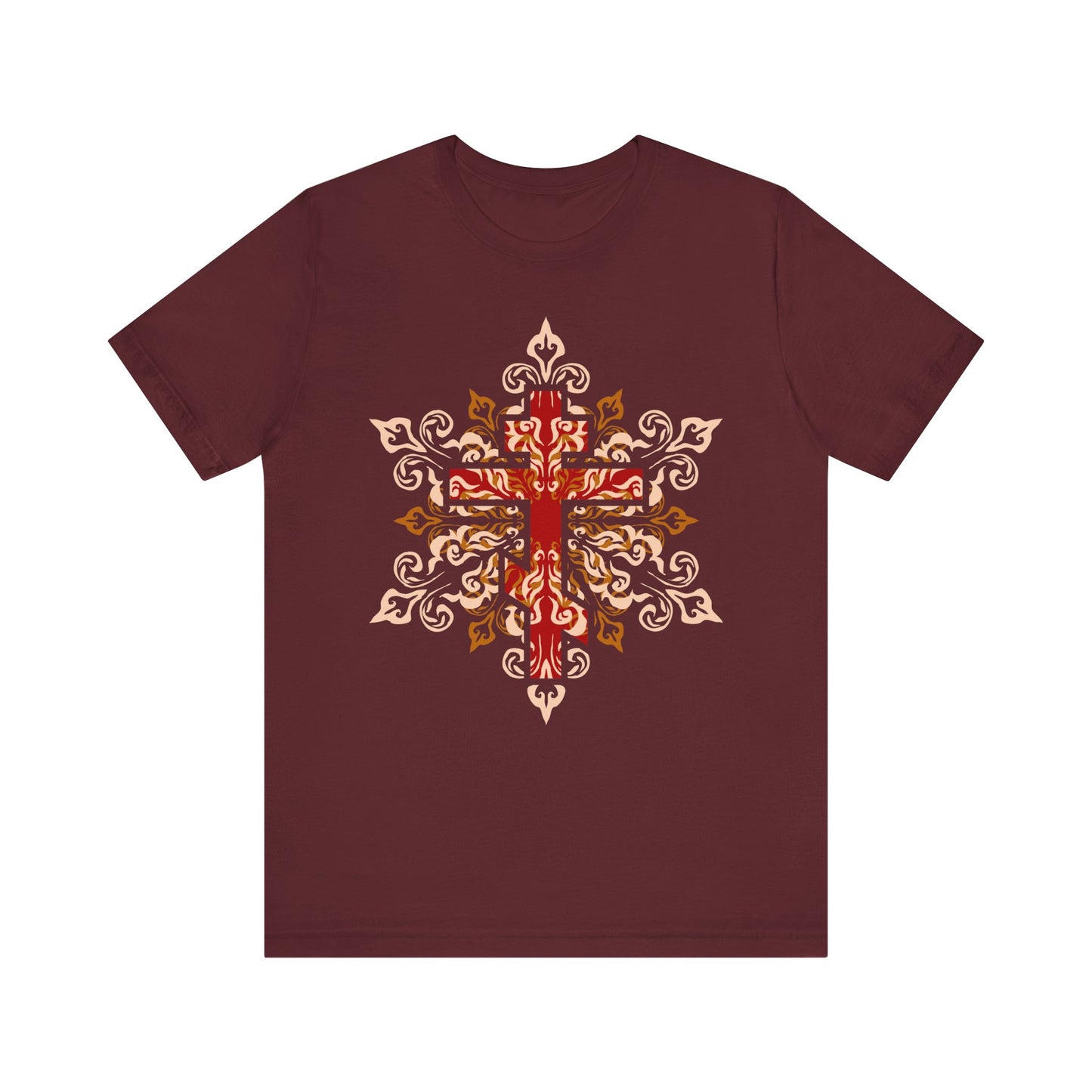 Maroon lightweight cotton unisex tee featuring an ornate Orthodox cross in red, beige, and orange on the front, inspired by the teachings of St. Clement of Alexandria about dying to ourselves. Product name: "Ornate Red Beige & Orange Orthodox Cross | Glory to Thy Precious and Life-Giving Cross, O Lord.