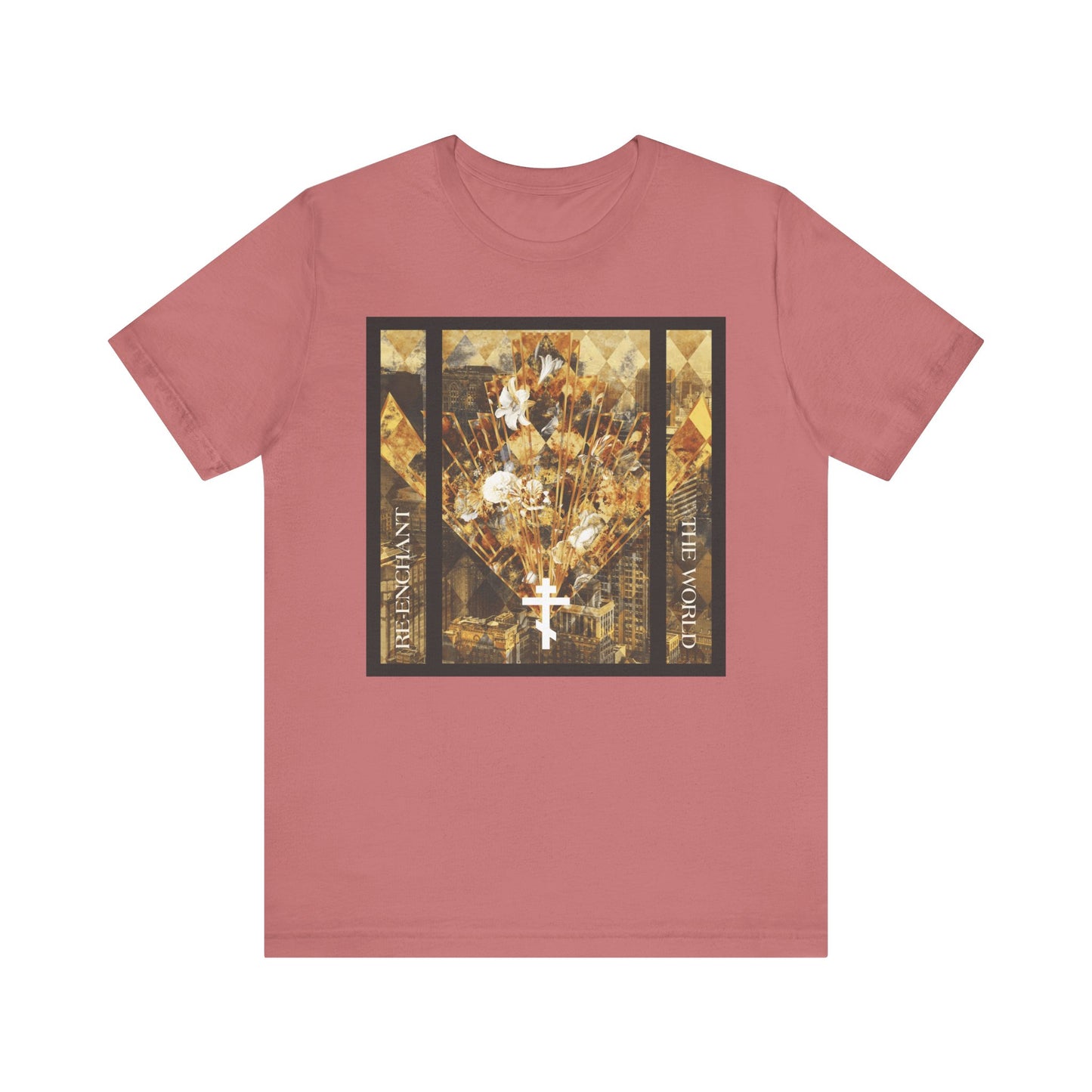 Mauve unisex lightweight cotton tee, featuring a modern graphic design of a cityscape with a white cross and flowers, inspired by "Re-Enchant the World" in earthtones.