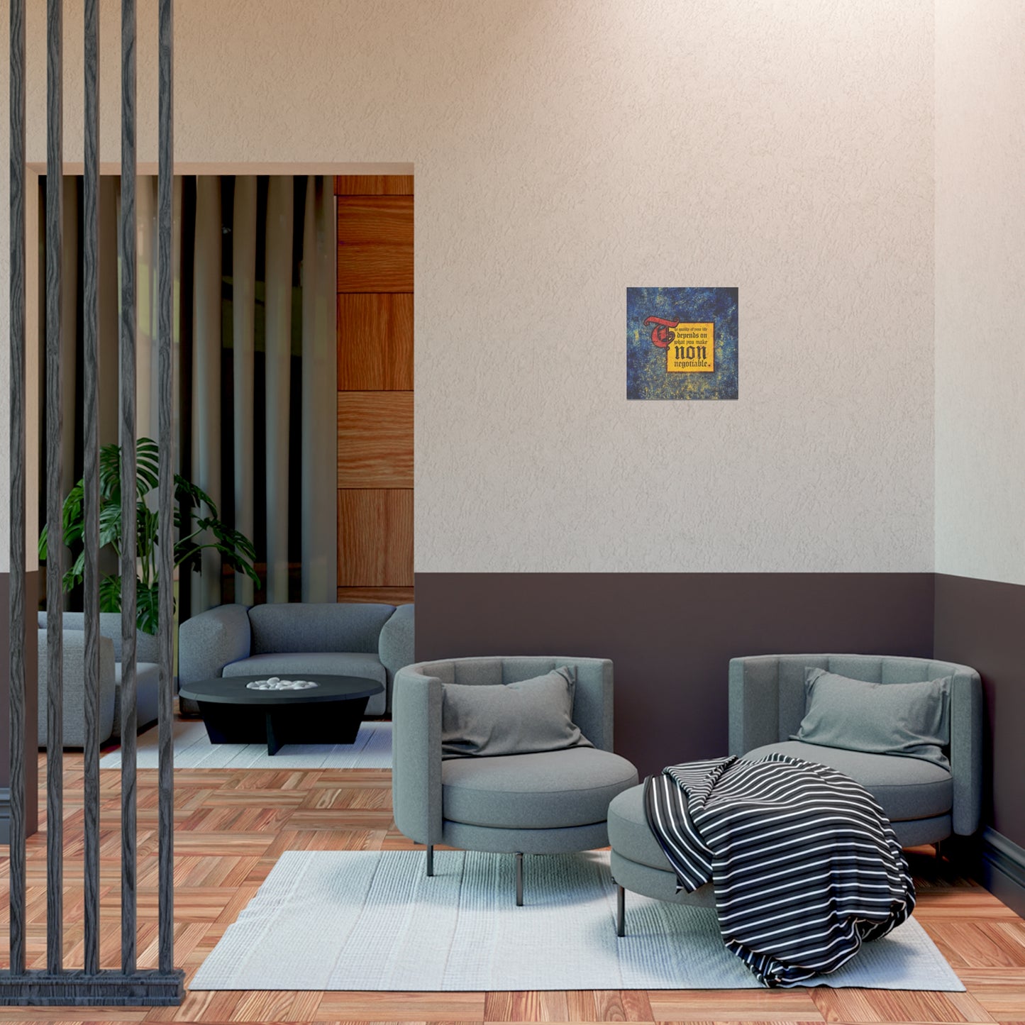 A modern lounge with gray chairs and a striped blanket features "The Quality of Your Life Depends on What You Make Non-Negotiable" Orthodox Christian art poster, adding both motivation and style to your cozy seating area.