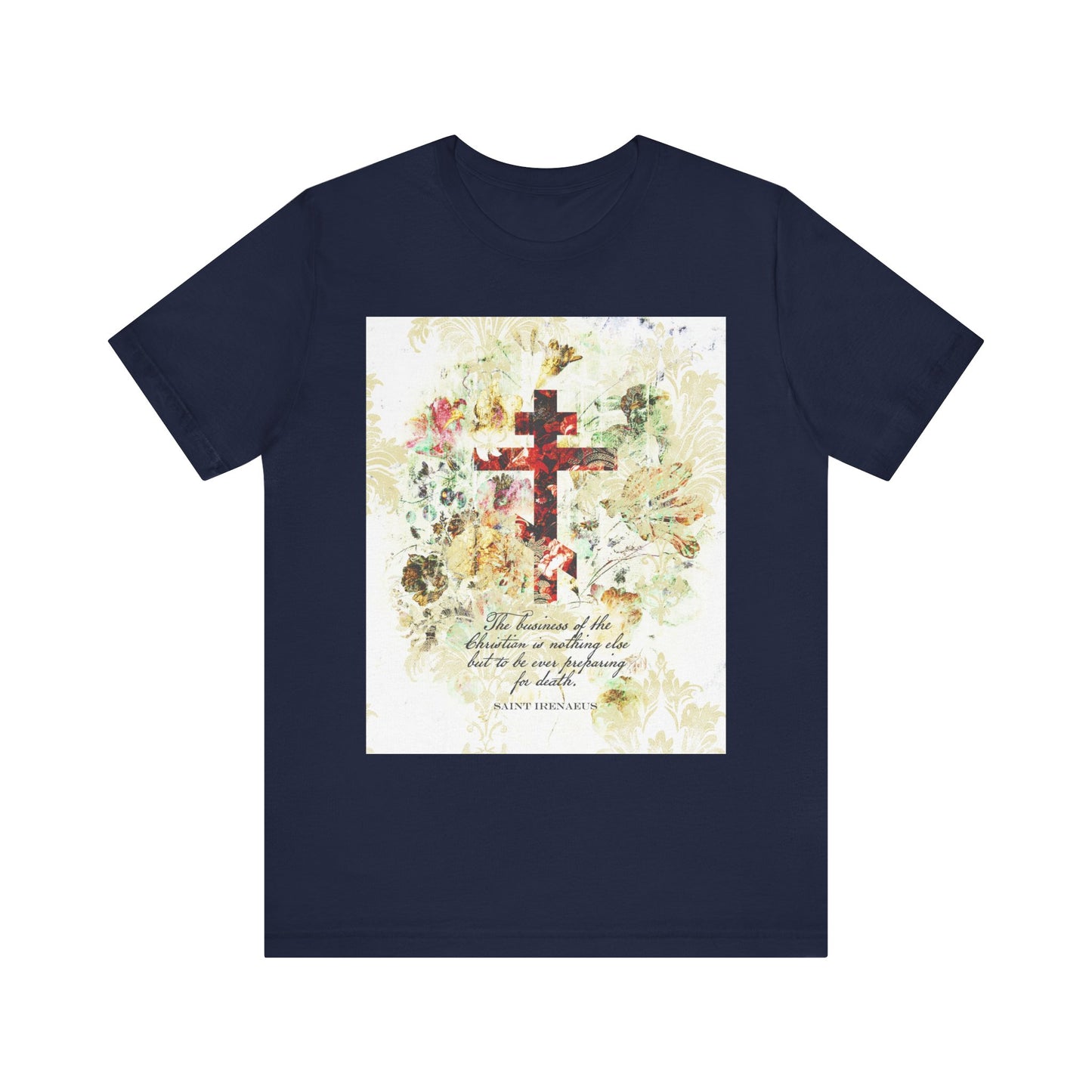 Navy "Preparing For Death" lightweight cotton unisex tee featuring a white and beige floral scrapbook texture cross in an arts & crafts style, inspired by St. Irenaeus and reflecting themes of Christian death preparation.