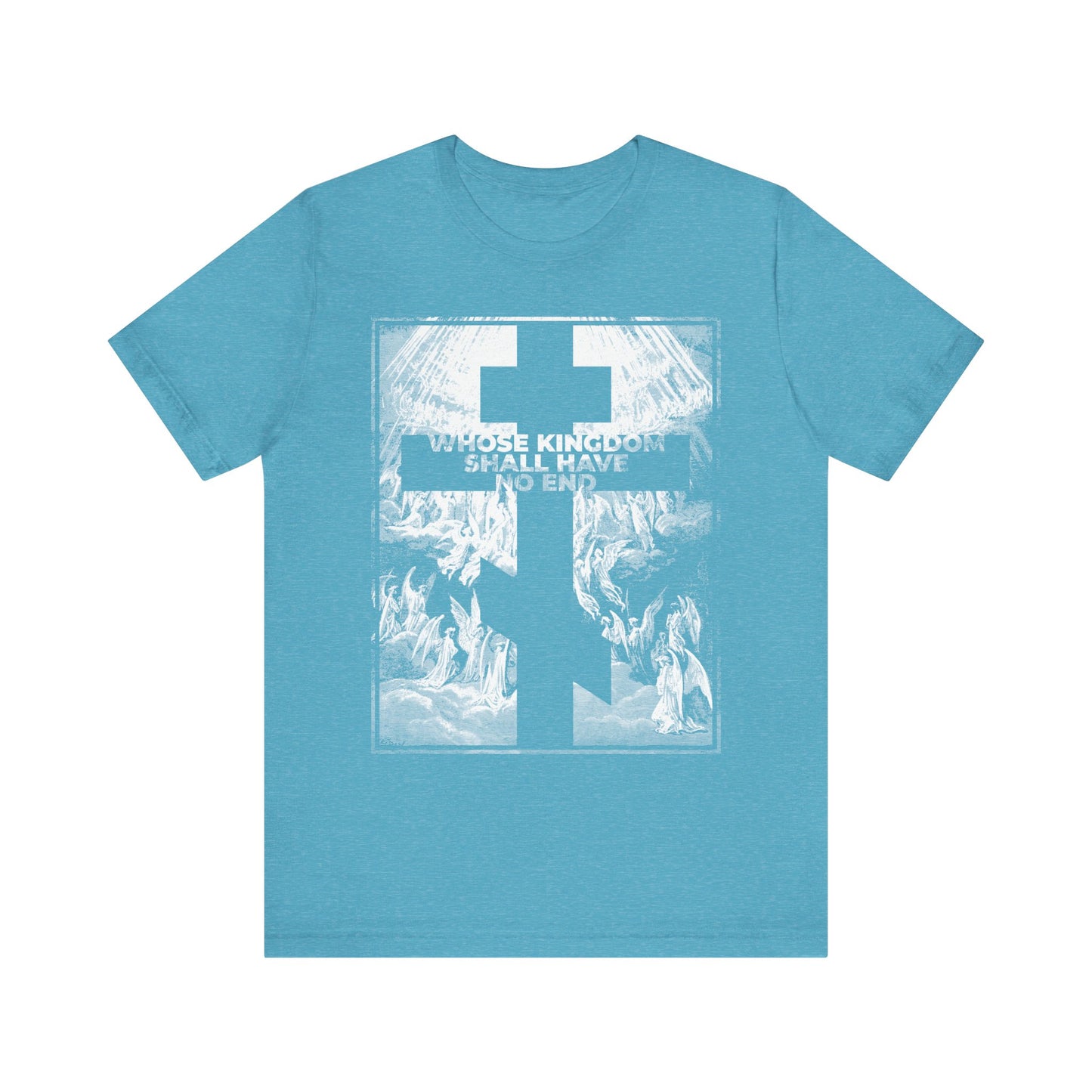 Show your faith with this blue lightweight cotton unisex t-shirt, named "Whose Kingdom Shall Have No End." Inspired by the Nicene Creed and Christian belief, it features a cross and the phrase "Whose kingdom shall have no end" over an angelic Gustave Dore illustration, referencing the themes of Apocalypse and Revelation.
