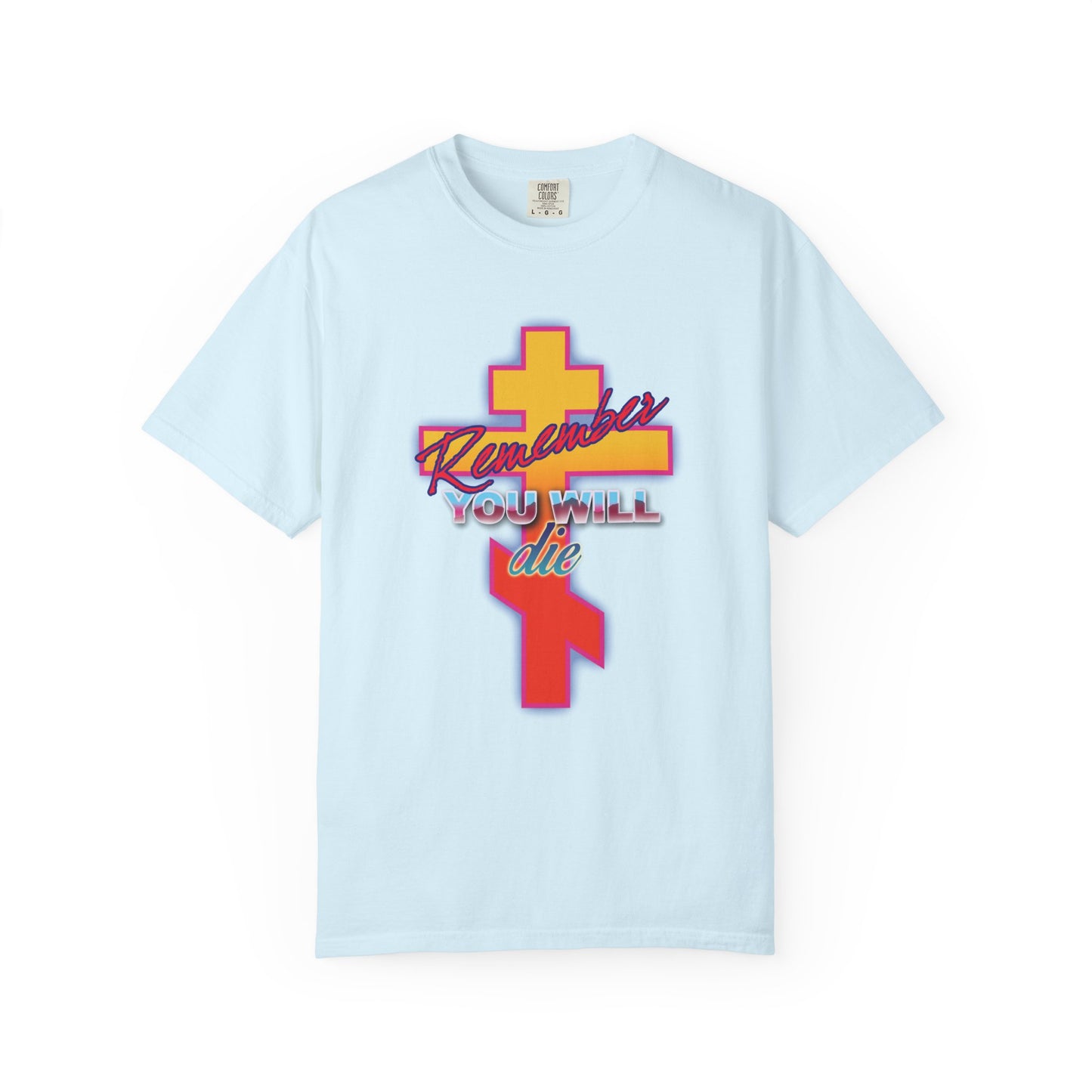 Remember You Will Die 80s Design | Glowing Synthwave Retro Orthodox Cross | Precious Life-Giving Cross | Heavyweight Cotton Unisex T-Shirt