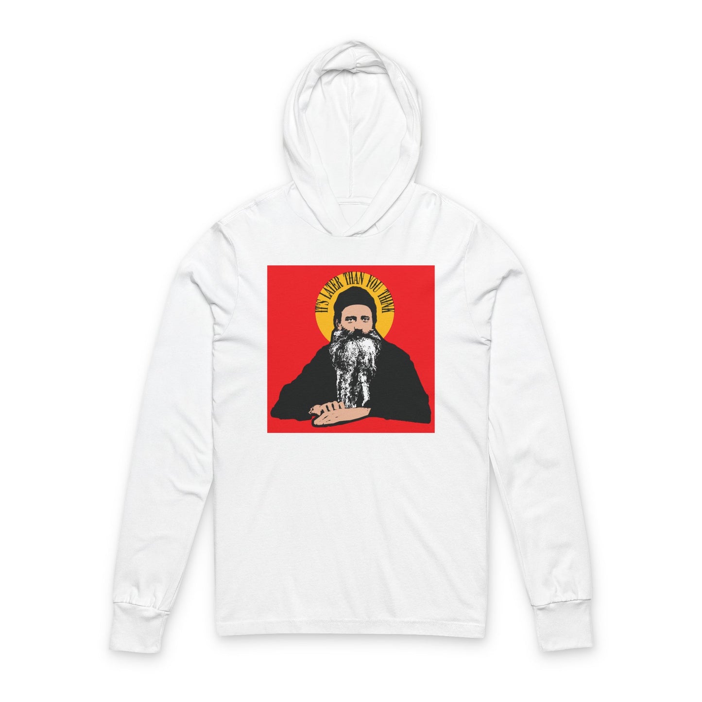 White hoodie featuring the quote "It's Later Than You Think" by Fr Seraphim Rose in a yellow halo, celebrating the modern American Orthodox Christian saint—a unique Orthodox Christian hooded shirt.