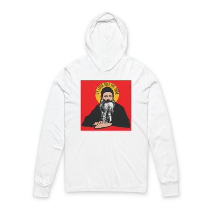 White hoodie featuring the quote "It's Later Than You Think" by Fr Seraphim Rose in a yellow halo, celebrating the modern American Orthodox Christian saint—a unique Orthodox Christian hooded shirt.