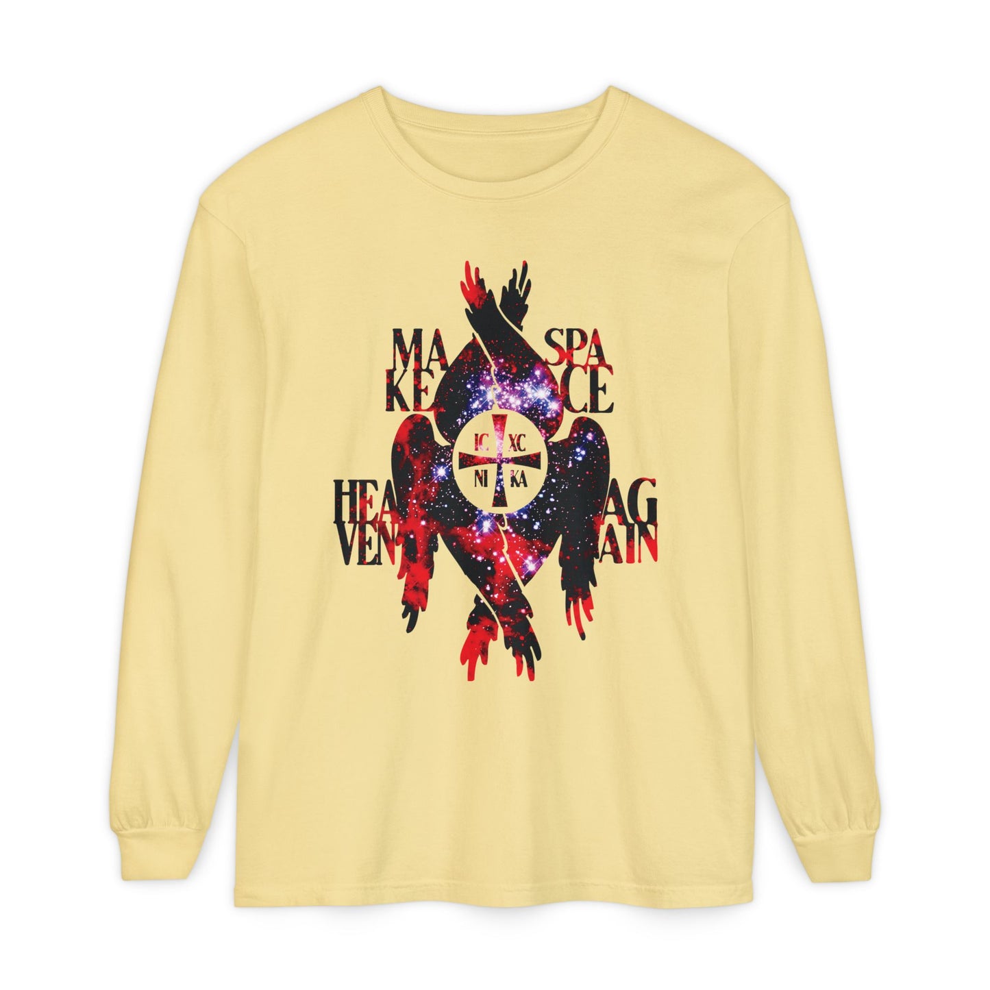 Butter long-sleeve shirt, "Make Space Heaven Again," featuring the Cosmic Textured ICXC NIKA Cross, Seraphim wings, and bold layered text—Orthodox Christian inspiration with heavenly and celestial details.