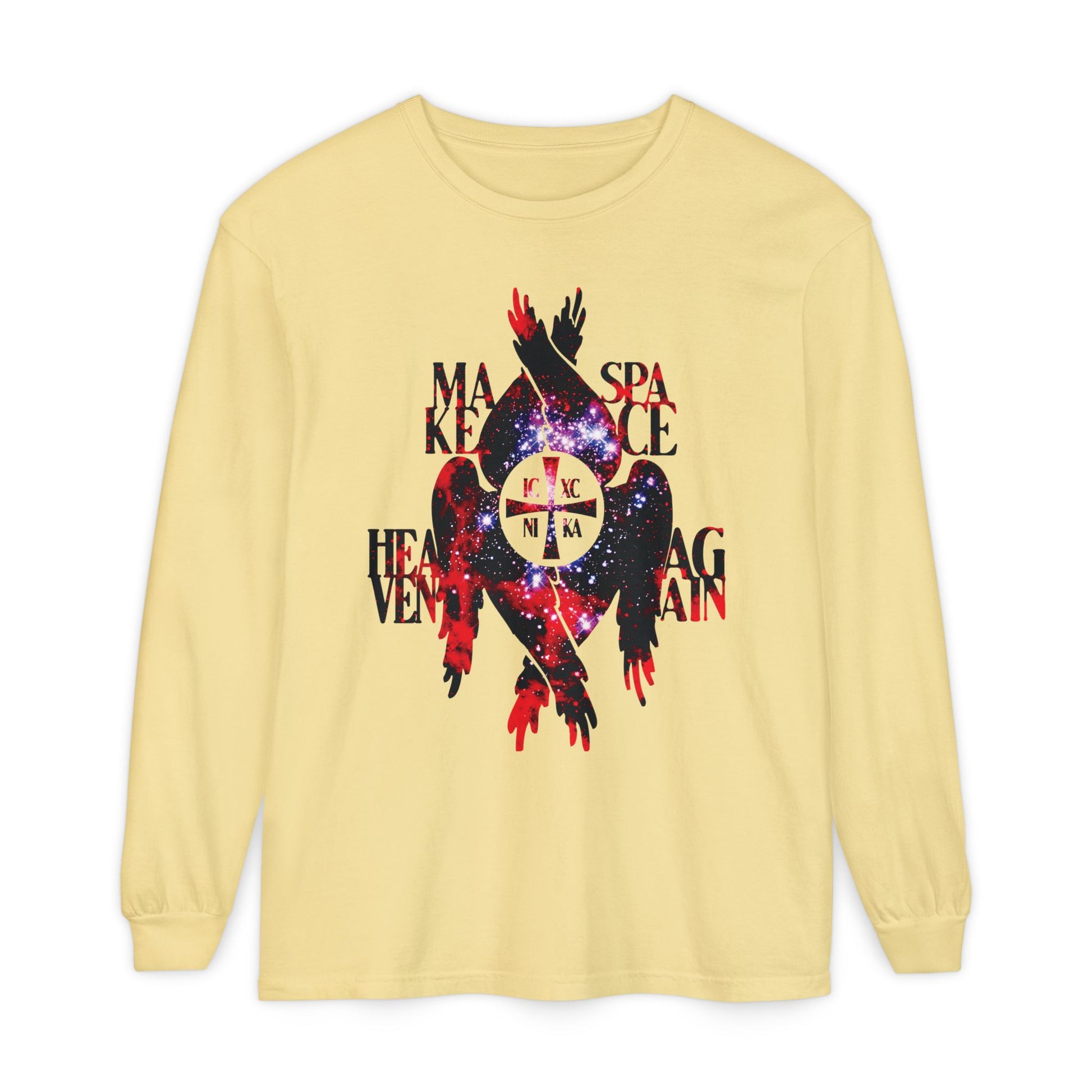 Butter long-sleeve shirt, "Make Space Heaven Again," featuring the Cosmic Textured ICXC NIKA Cross, Seraphim wings, and bold layered text—Orthodox Christian inspiration with heavenly and celestial details.
