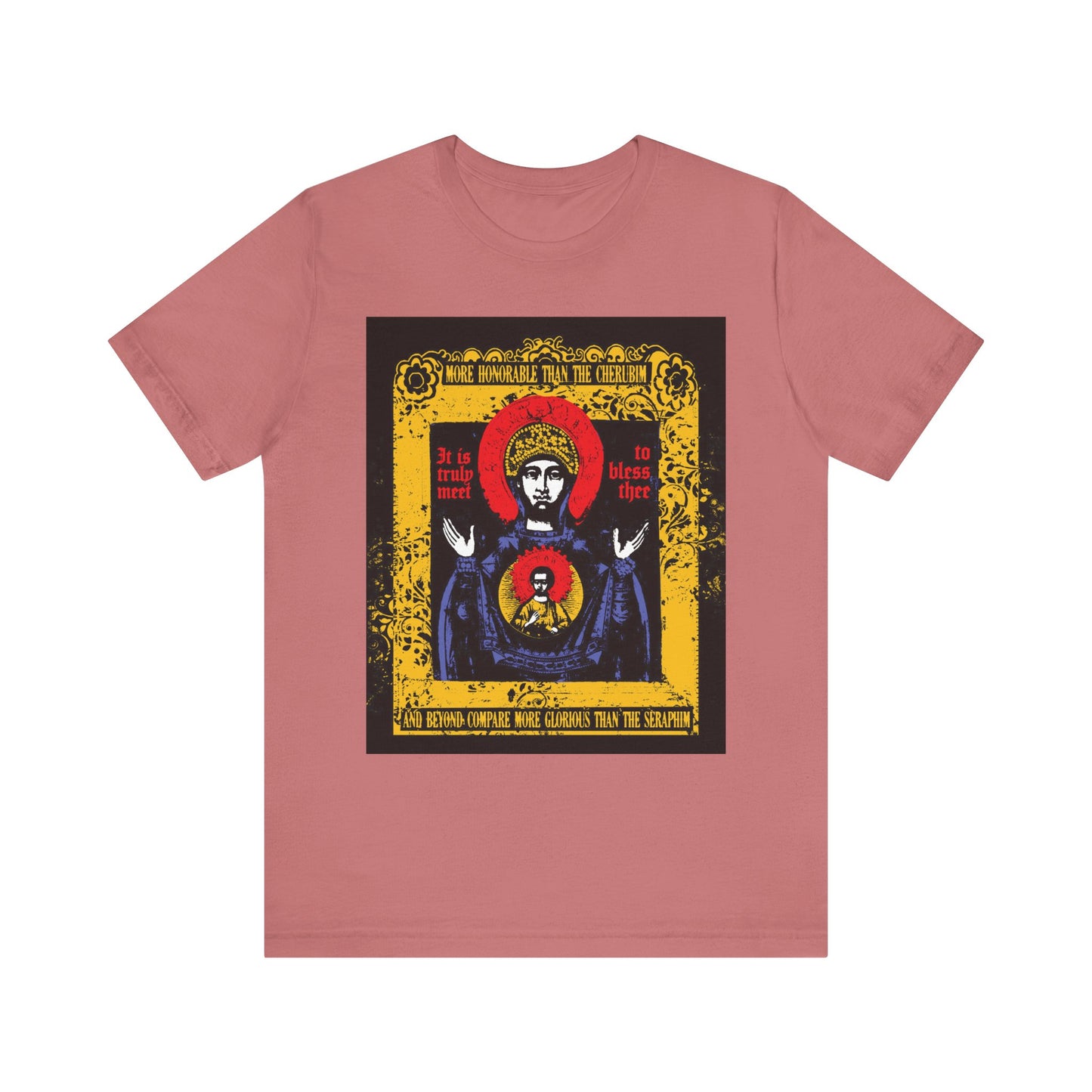 Mauve Orthodox Lightweight Cotton Unisex Tee featuring the "It is Truly Meet To Bless Thee" iconographic design: a colorful depiction of the Mother of God (Theotokos) with a blessing hand gesture and gold text inspired by the Axion Estin hymn.