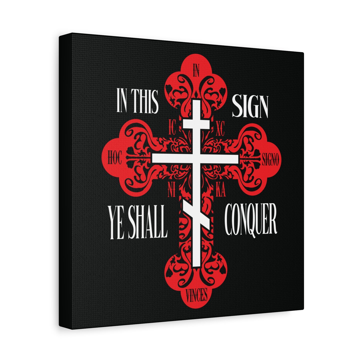 A black square displays a red ornate ICXC NIKA Orthodox Cross with "In This Sign Ye Shall Conquer," symbolizing Orthodox prayer, spiritual warfare, and Jesus Christ conquering. Christian wall art for inspiration and faith.