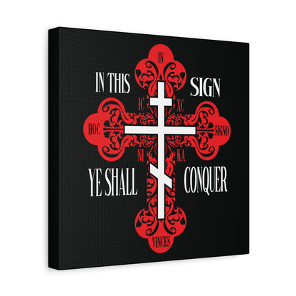 A black square displays a red ornate ICXC NIKA Orthodox Cross with "In This Sign Ye Shall Conquer," symbolizing Orthodox prayer, spiritual warfare, and Jesus Christ conquering. Christian wall art for inspiration and faith.