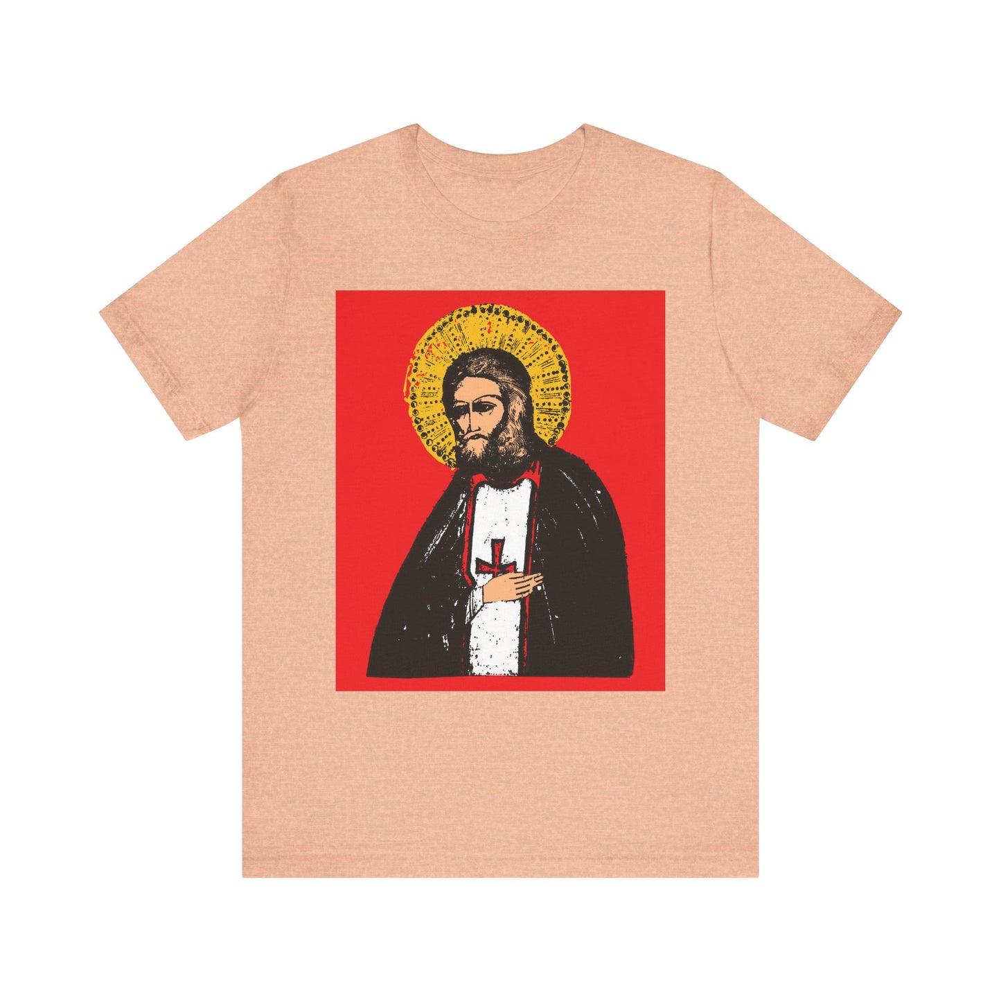 Heather peach unisex cotton tee featuring St. Seraphim of Sarov with the text "True Aim of Christian Life is Acquisition of the Holy Spirit" in an Orthodox iconographic style. 2-sided lightweight design.