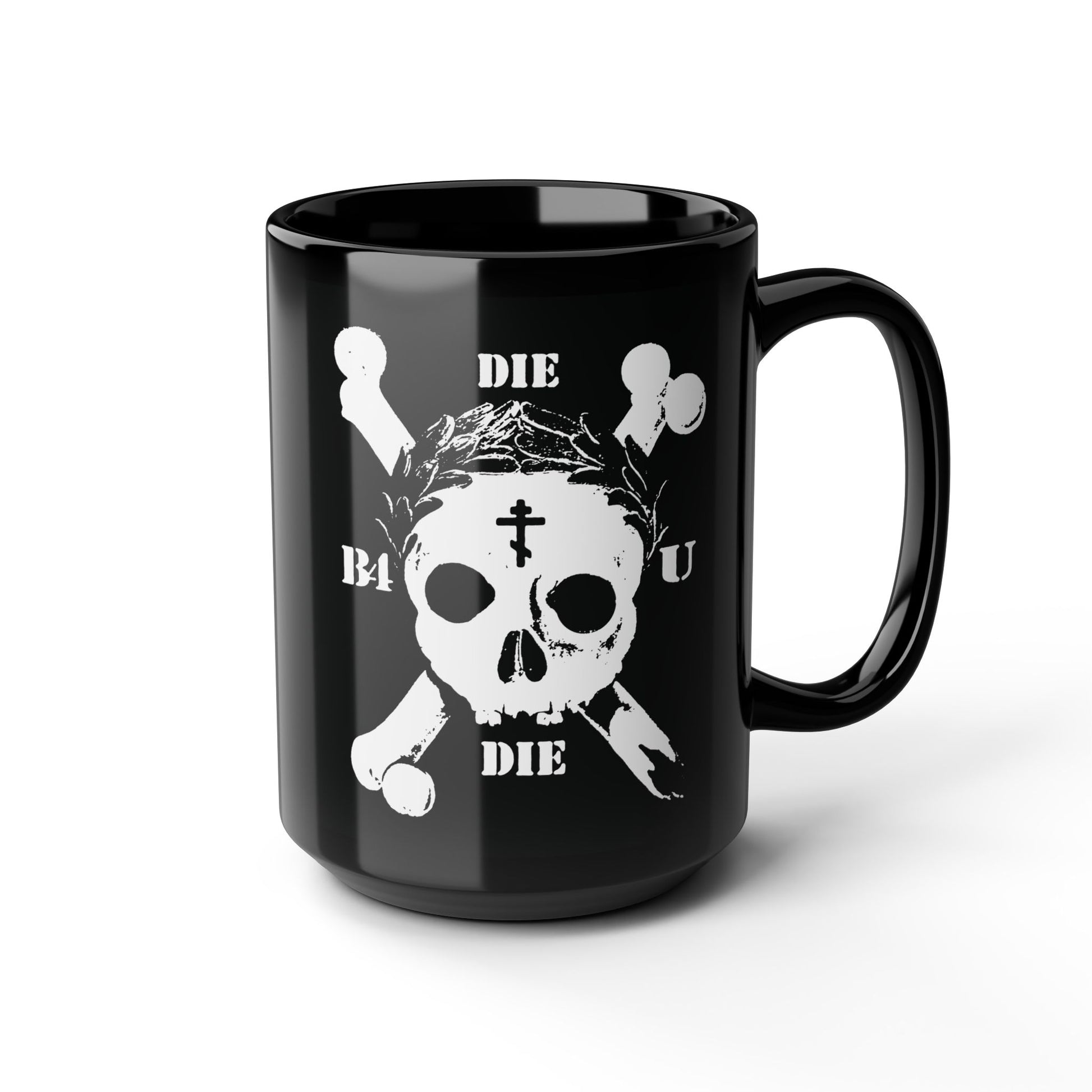 The "Die Before You Die" black mug features a retro skull & crossbones, Orthodox cross, and laurel wreath—an ascetic Christian reminder to deny yourself, inspired by Matthew 16:24-25.