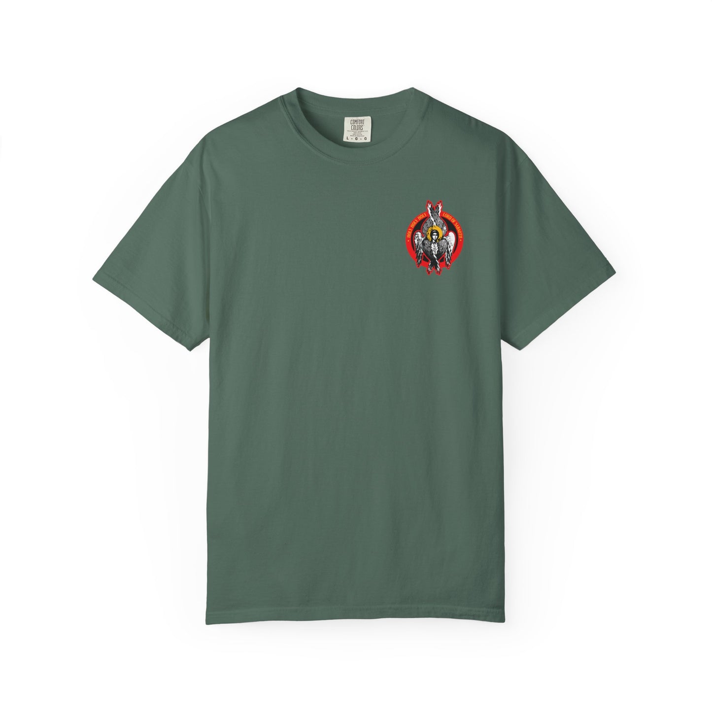 Blue Spruce heavyweight cotton unisex tee featuring a small Seraphim angel graphic inspired by Orthodox iconography and the Heavenly Hosts, reflecting divine purity.