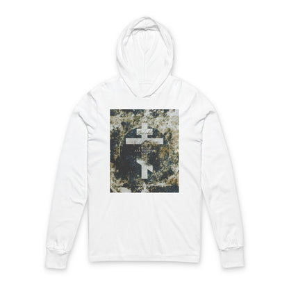 Behold, I Make All Things New | Revelation 21:5 | Cosmic Textured Orthodox Cross | Parousia | Orthodox Long Sleeve Hooded Shirt