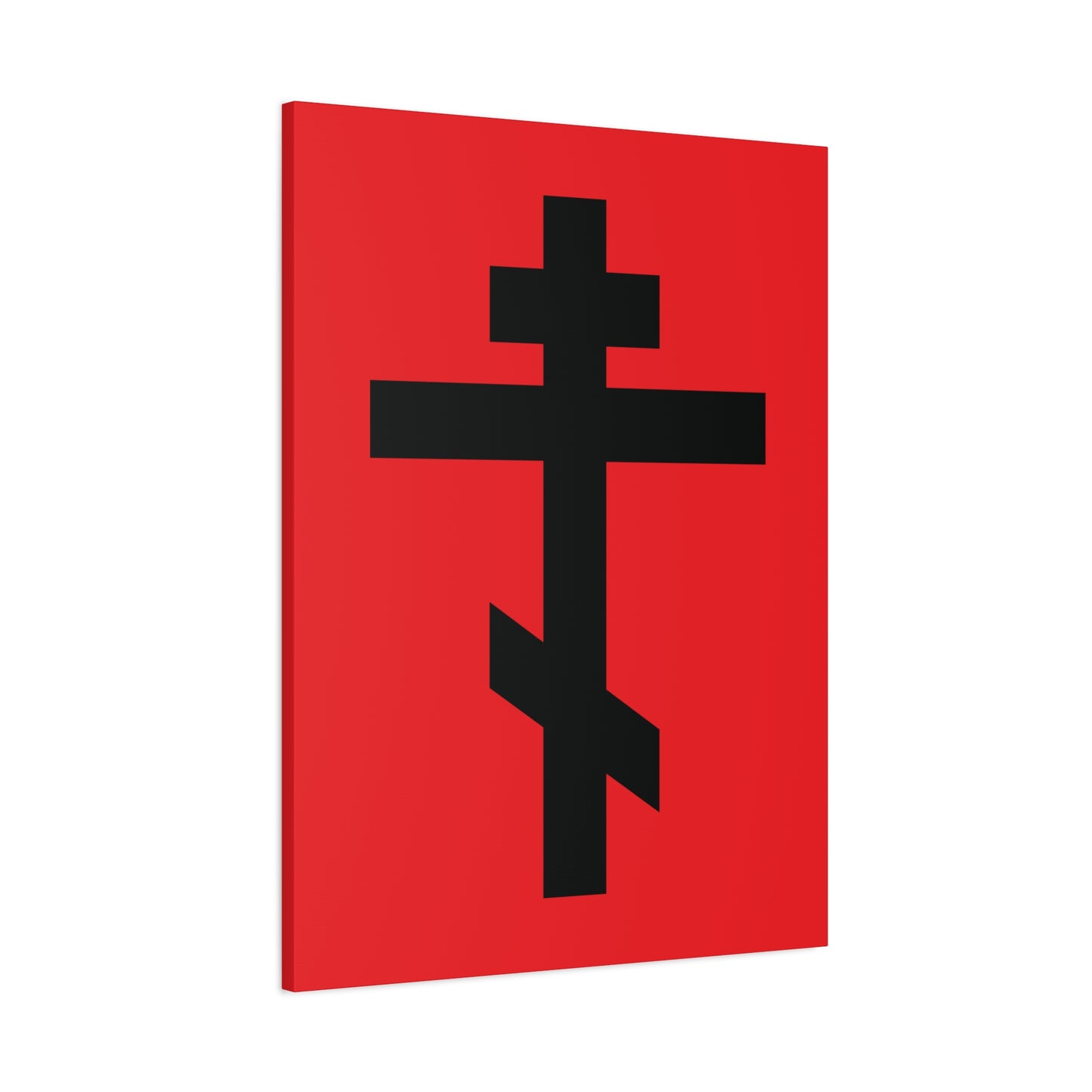 A Black Orthodox Cross on a red background with the verse "May I never boast, except in the cross of our Lord Jesus Christ" (Gal 6:14). Orthodox Canvas Art.