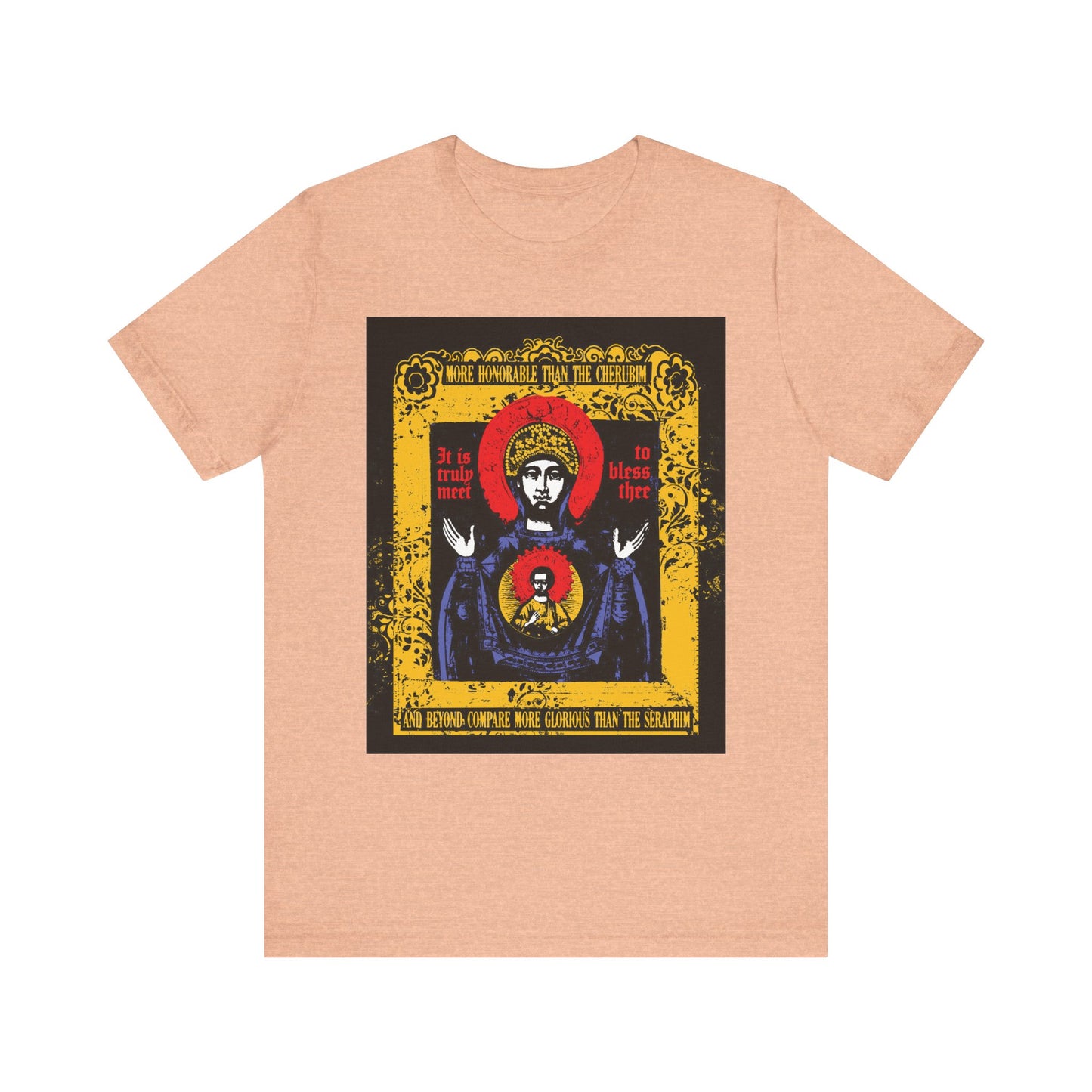 Heather peach lightweight cotton unisex tee featuring the "It is Truly Meet To Bless Thee" iconographic design inspired by the Axion Estin hymn, depicting the Mother of God adorned with a halo and decorative gold, red, and black script.