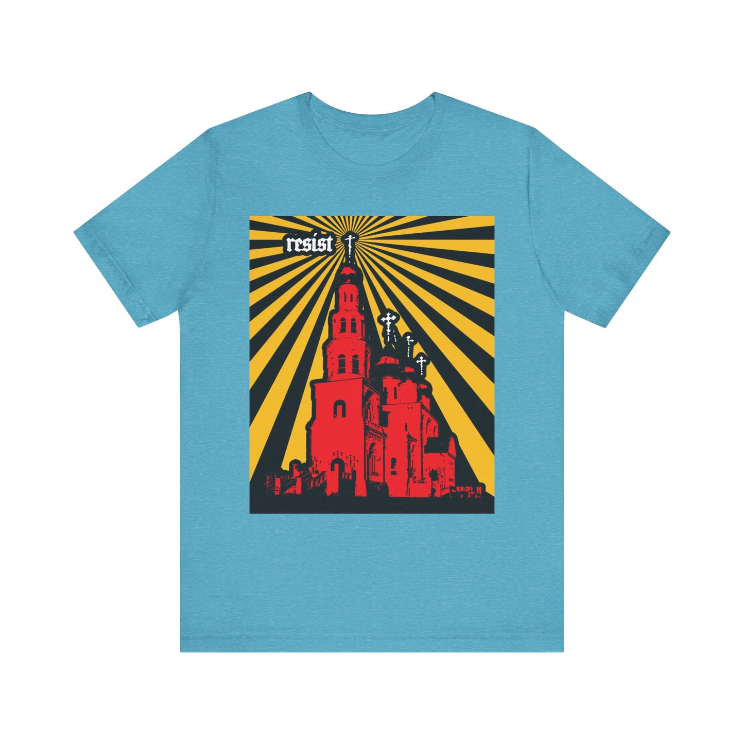 Heather aqua lightweight cotton unisex tee featuring a red church graphic with yellow and black rays, and the word "resist" at the top left—a bold design inspired by St Ignatius Brianchaninov’s call to stand firm against the spirit of the age and apostasy. Product name: "Resist (Orthodoxy Against the World) | The Orthodox Church is a Beacon for the World".