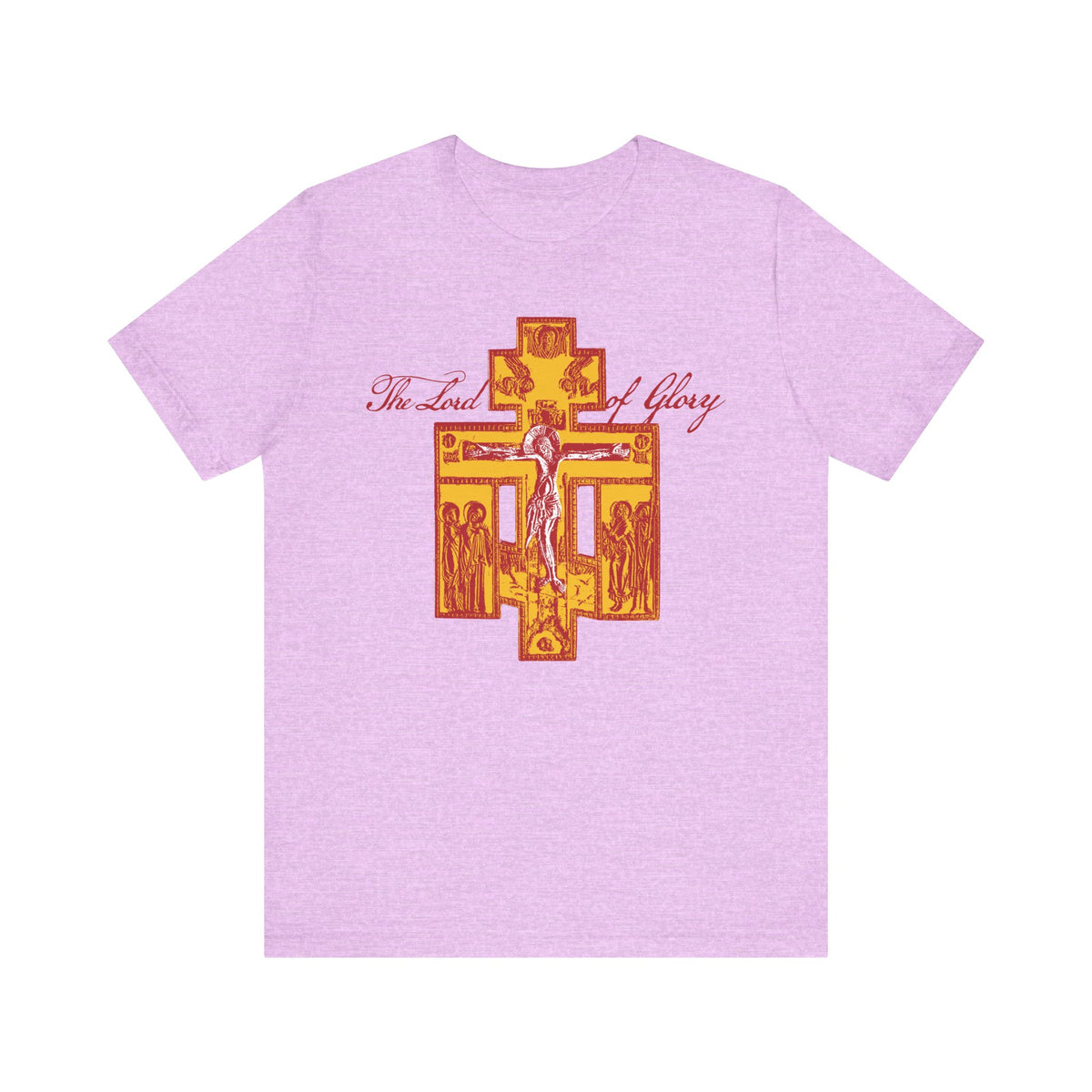 Heather Prism Lilac t-shirt featuring a detailed golden Russian Golgotha Crucifix IconoGraphic and "The Lord of Glory" text in red above the design, inspired by 1 Corinthians 2:8. This Orthodox Christian lightweight cotton unisex tee reflects the wisdom of God.