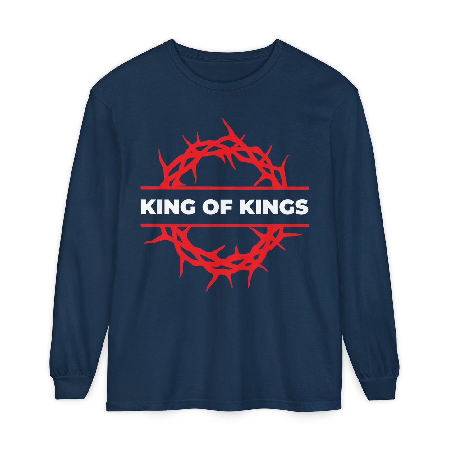 True Navy cotton long-sleeve shirt with red crown of thorns and "King of Kings" text in white, inspired by Revelation 19:16. King of Kings Crown of Thorns | The King of Glory | Christ is King Christian shirt.
