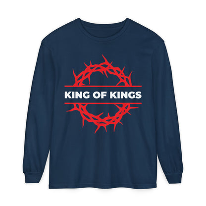 True Navy cotton long-sleeve shirt with red crown of thorns and "King of Kings" text in white, inspired by Revelation 19:16. King of Kings Crown of Thorns | The King of Glory | Christ is King Christian shirt.