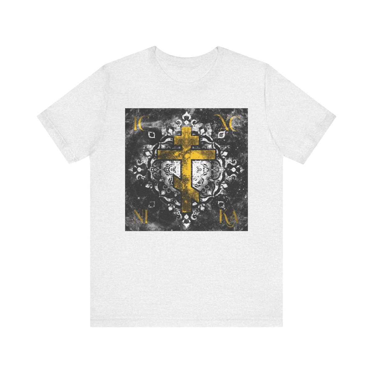 Gold ICXC NIKA Orthodox Cross on a grayscale ornate floral texture background, featured on a white lightweight cotton unisex tee, blending solemn reverence for Christ God with the beauty of His passion in a design inspired by Wednesday Matins.