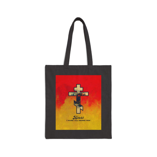 Behold, I Make All Things New (Revelation 21:5) | Cosmic Orthodox Cross on Red and Yellow Background | Orthodox Christian Cotton Canvas Tote Bag