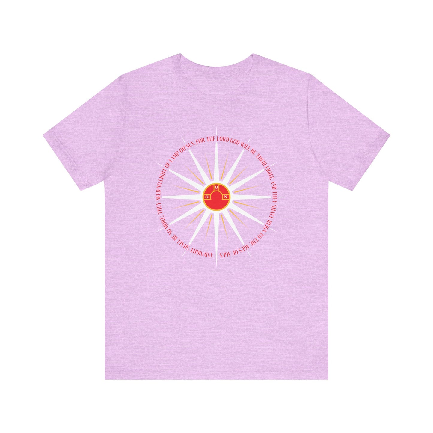 Heather Prism Lilac t-shirt featuring blazing sun rays with a red center, inspired by Rev. 22:5 and Orthodox Christian themes—encircled by text reflecting St Nikolai Velimirovic, honoring the sons of God and our heavenly homeland.