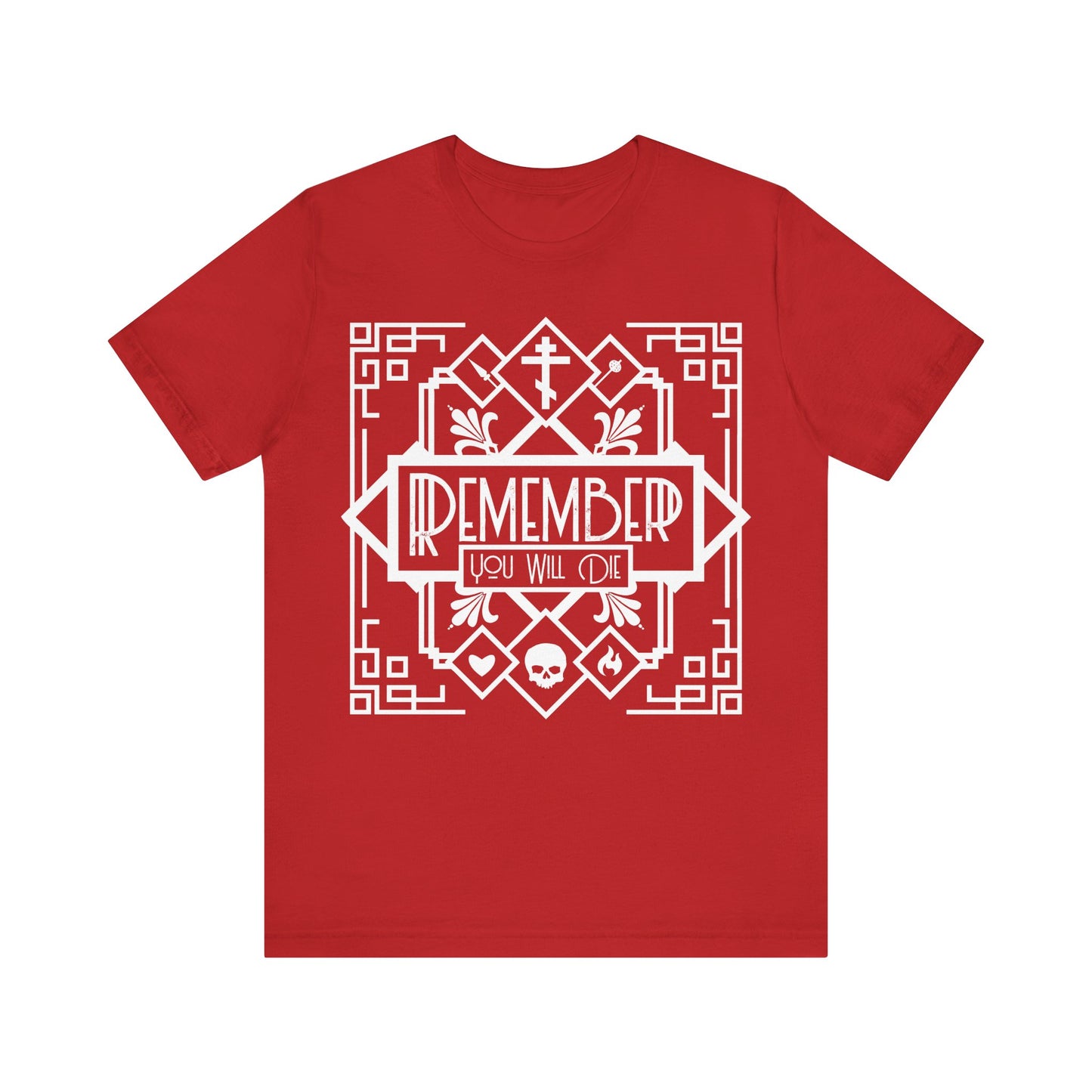Red cotton unisex tee featuring black and white line art in an Art Deco style, with a skull, heart, and fire design. Text reads "REMEMBER YOU WILL DIE," inspired by Orthodox Christian Memento Mori themes.