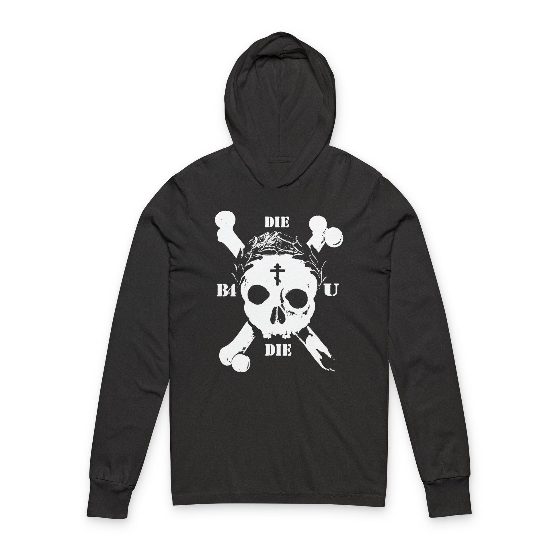 Charcoal Black TriBlend "Die Before You Die" hoodie features a retro skull & crossbones, Orthodox Cross, laurel wreath, and Memento Mori design—an ascetic Christian statement inspired by Matthew 16:24-25.