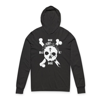 Charcoal Black TriBlend "Die Before You Die" hoodie features a retro skull & crossbones, Orthodox Cross, laurel wreath, and Memento Mori design—an ascetic Christian statement inspired by Matthew 16:24-25.