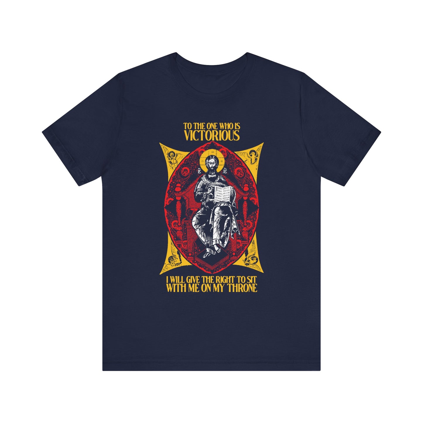 Navy "Christ is King, Enthroned In Glory IconoGraphic" tee featuring ornate saint artwork and "To the One Who Is Victorious" (Rev 3:21). Orthodox Christian lightweight cotton unisex shirt.