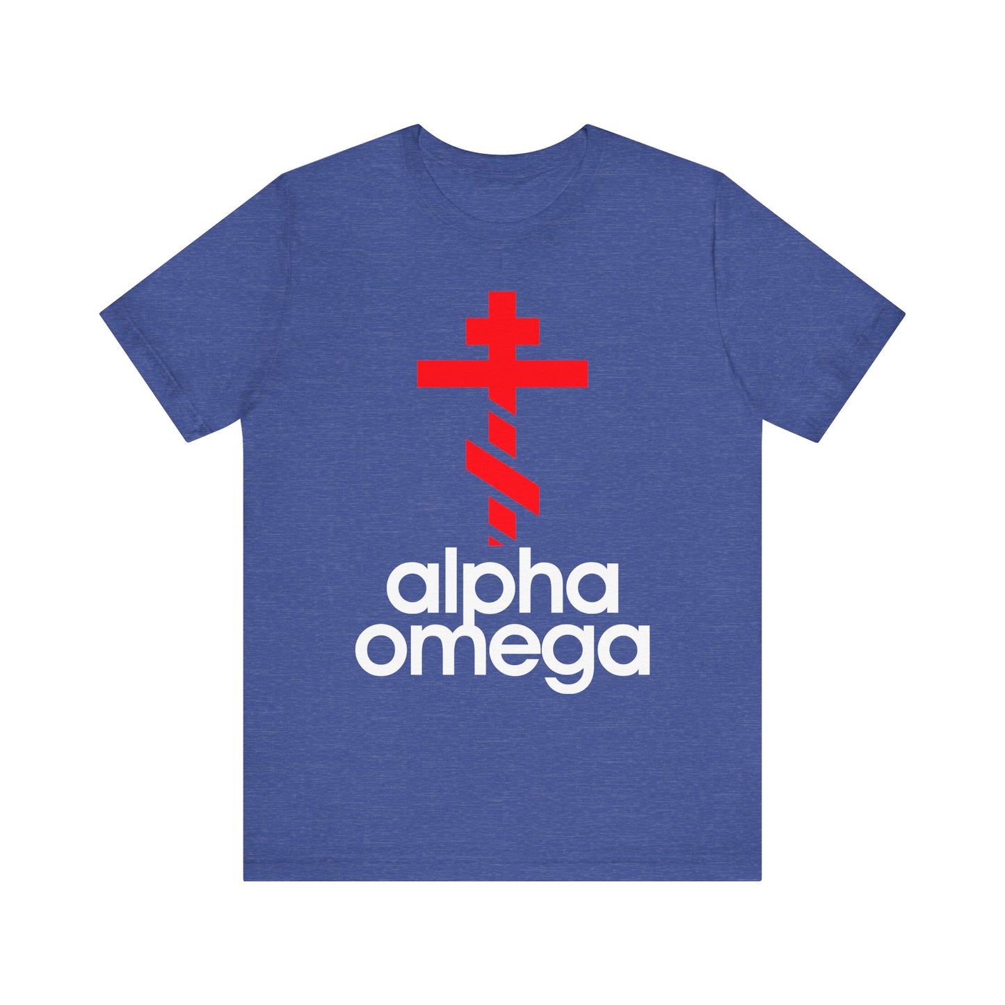 Heather True Royal unisex tee featuring a large red Orthodox cross above "Alpha Omega" in bold white letters—minimalist Adidas-inspired logo mashup, perfect for expressing your faith.