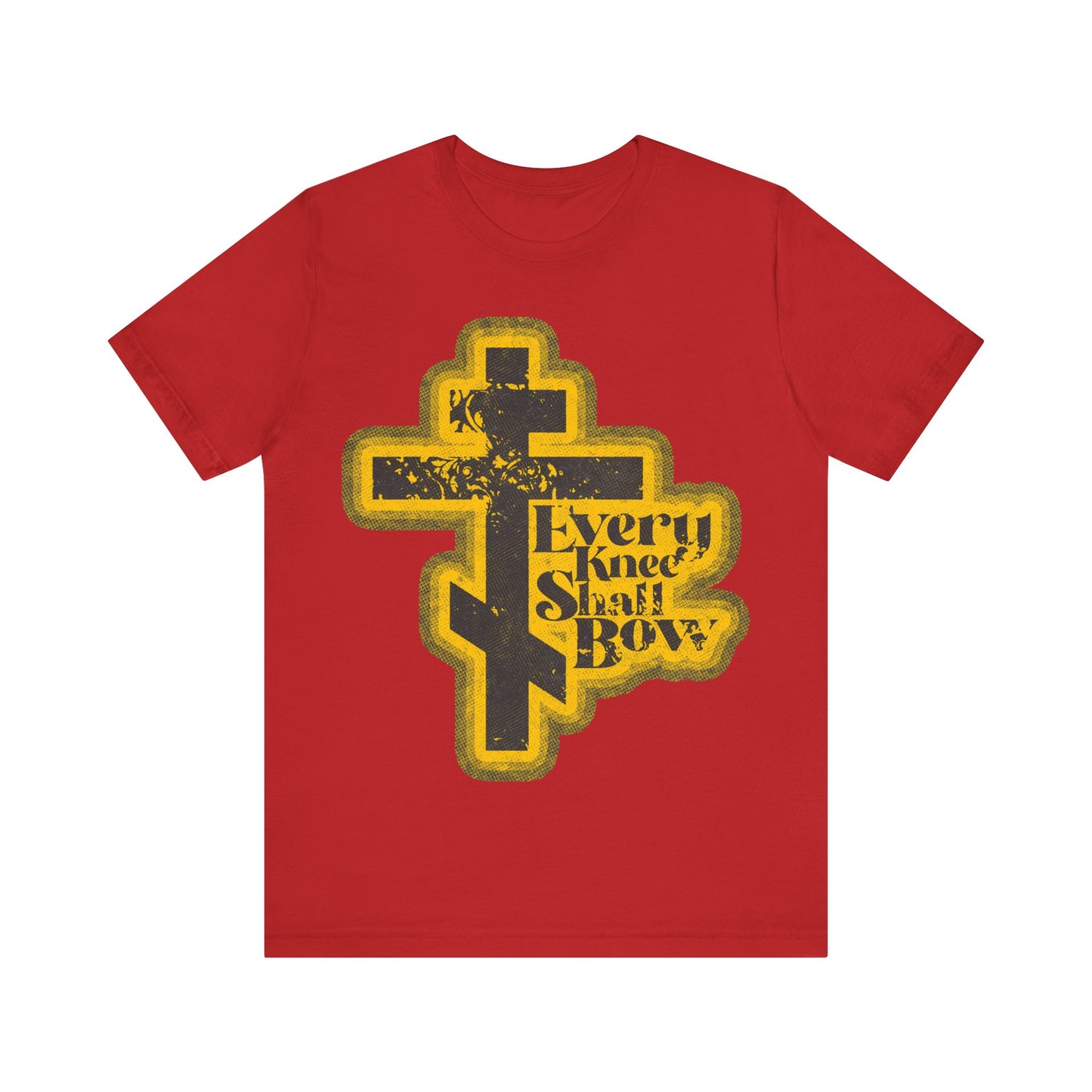 Red “Every Knee Shall Bow” t-shirt with distressed 70s comic book style, inspired by Philippians 2:10-11 & Isaiah 45:23. Orthodox Christian design features halftone effect for a retro look.
