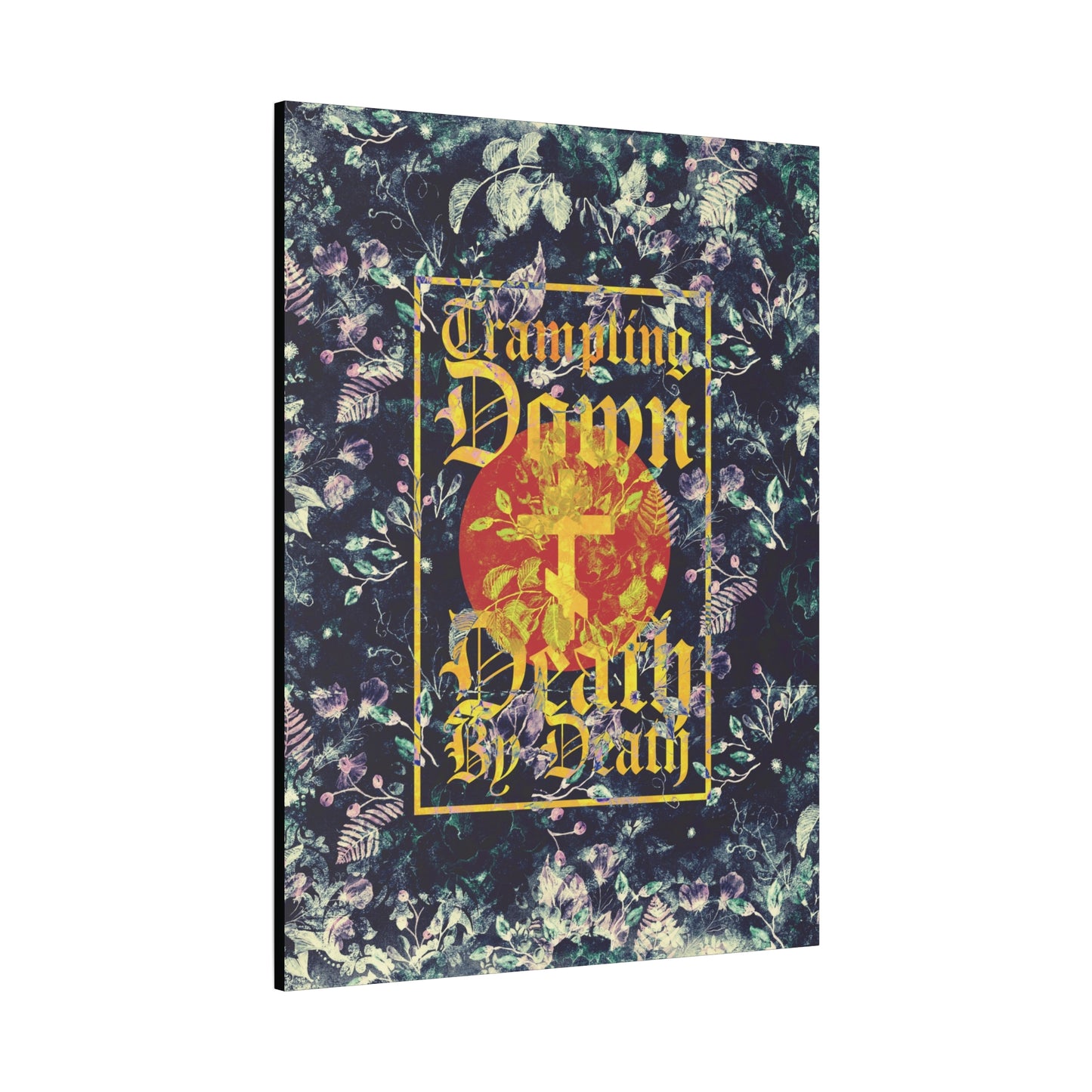 Trampling Down Death By Death | Paschal Floral Design with Gothic Script and Three-Bar Cross | Orthodox Christian Canvas Art