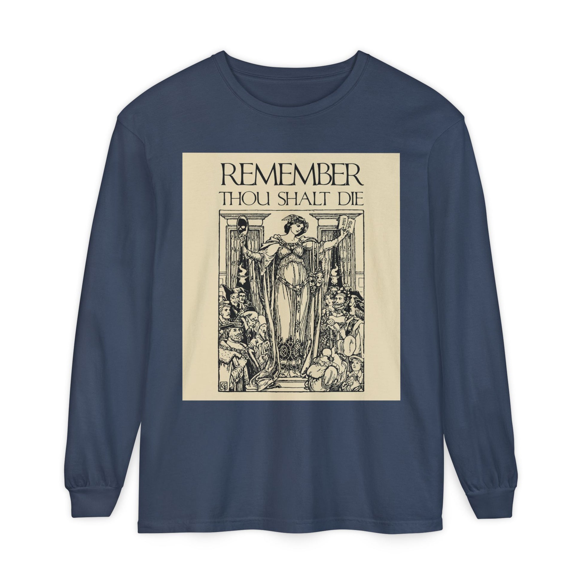 Midnight long-sleeve features a classic woodcut illustration and “REMEMBER YOU WILL DIE” in a Shakespearean design, inspired by Orthodox Christian Memento Mori themes.