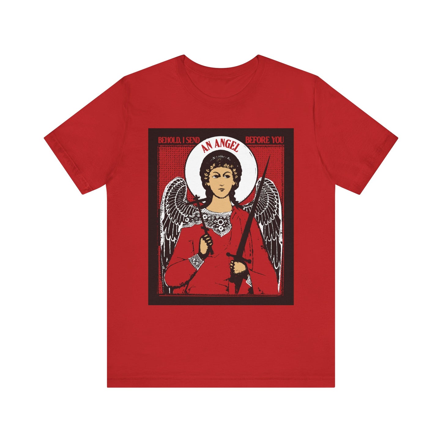 Red "Behold I Send an Angel Before You" tee features an Orthodox guardian angel graphic with cross and sword, inspired by Exodus 23:20—a reminder of protection wherever you go. Lightweight unisex cotton.