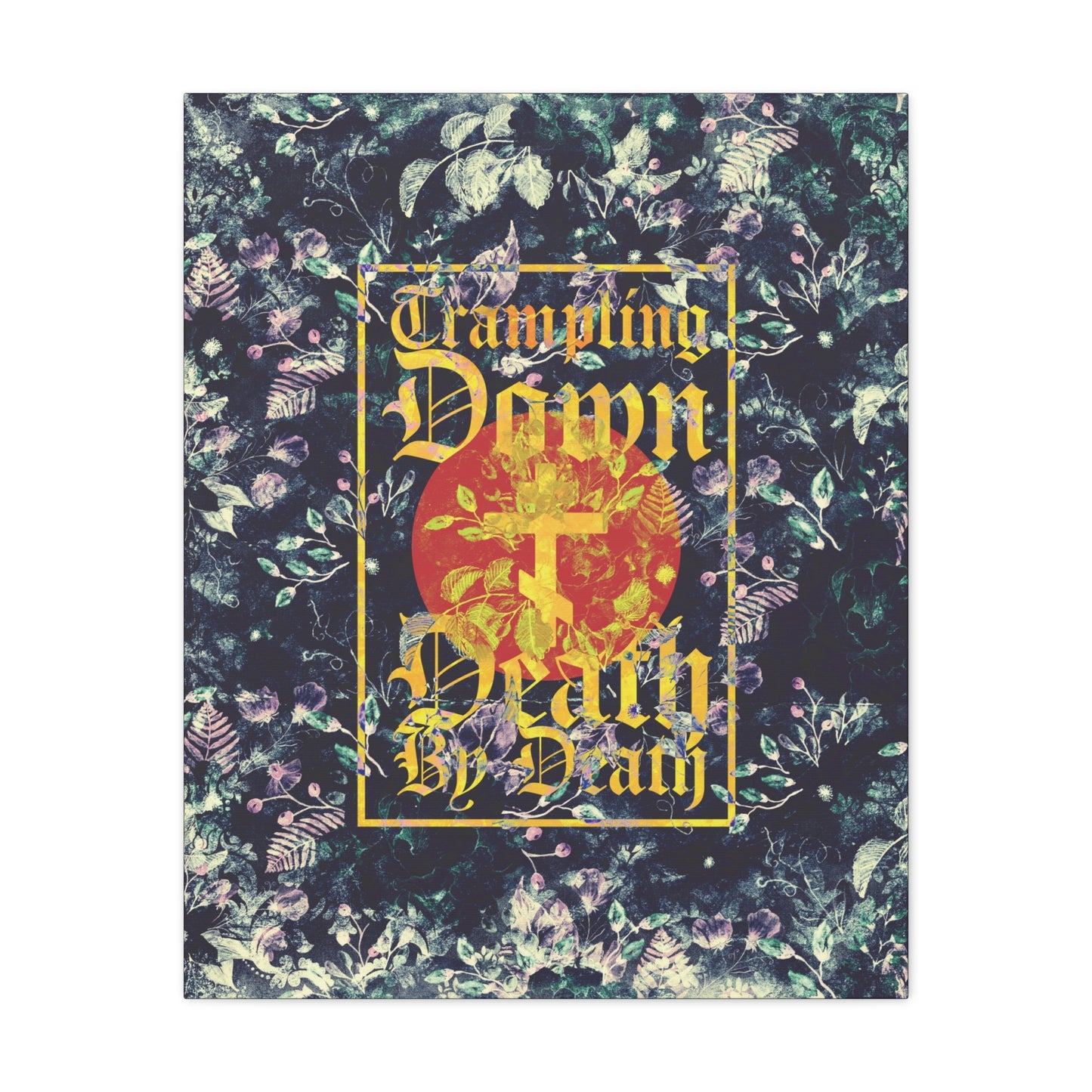 Trampling Down Death By Death | Paschal Floral Design with Gothic Script and Three-Bar Cross | Orthodox Christian Canvas Art