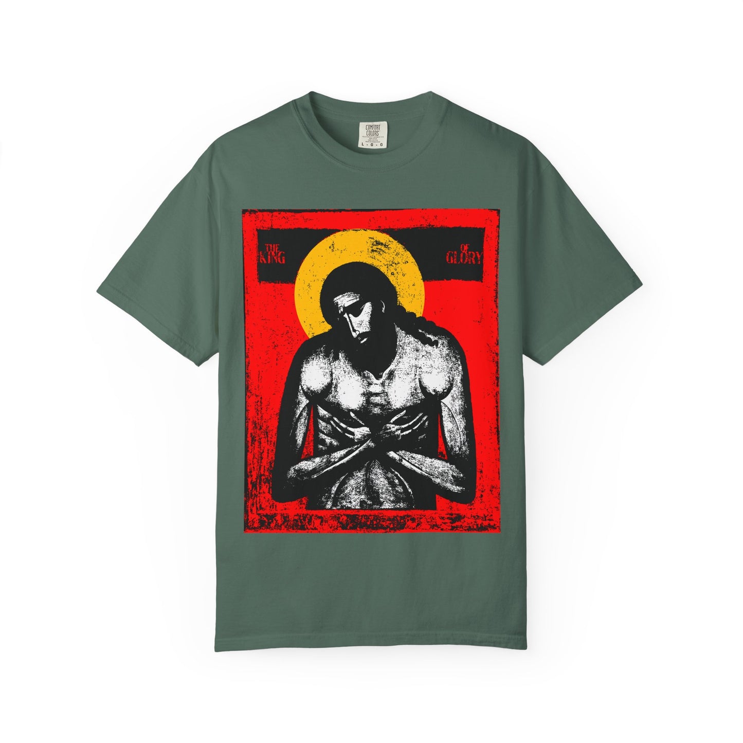 Blue spruce heavyweight cotton unisex tee featuring "The King of Glory Jesus Christ 'Extreme Humility'" IconoGraphic in red, yellow, white, and black—a Christian devotional shirt inspired by Isaiah 53.