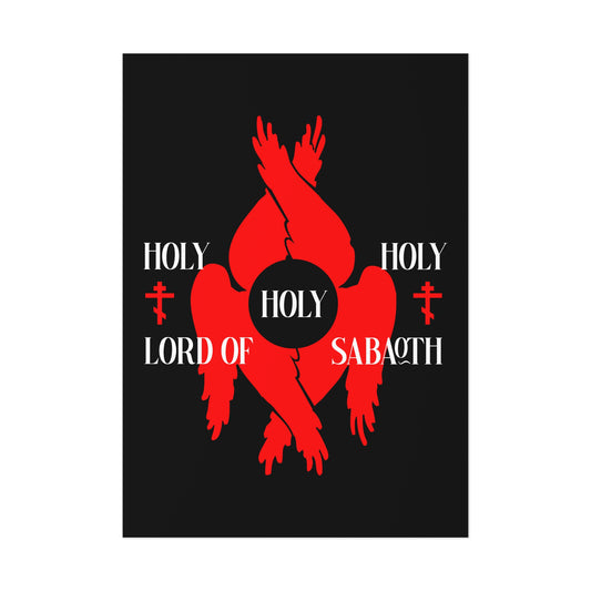 Red seraphim angel with six wings, Orthodox crosses, and "Holy Holy Holy Lord of Sabaoth" on a black background, inspired by Isaiah 6:3. Orthodox Christian art poster—Divine Council theme.