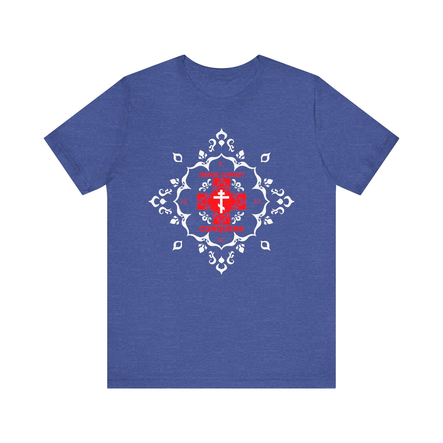 Heather true royal t-shirt featuring a white Orthodox cross with red modern font reading “ICXC NIKA” (Jesus Christ Conquers) in the center, set within a medieval filigree mandala design, inspired by St. John Chrysostom’s teachings on victory over sin; crafted from lightweight cotton for a unisex fit.