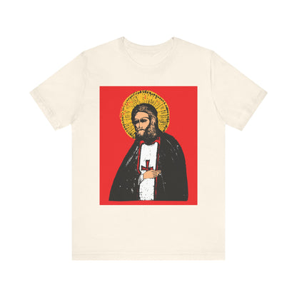 Natural cotton unisex tee with a 2-sided design: front features St Seraphim of Sarov in iconographic style with a yellow halo on red, symbolizing the true aim of Christian life—acquisition of the Holy Spirit.