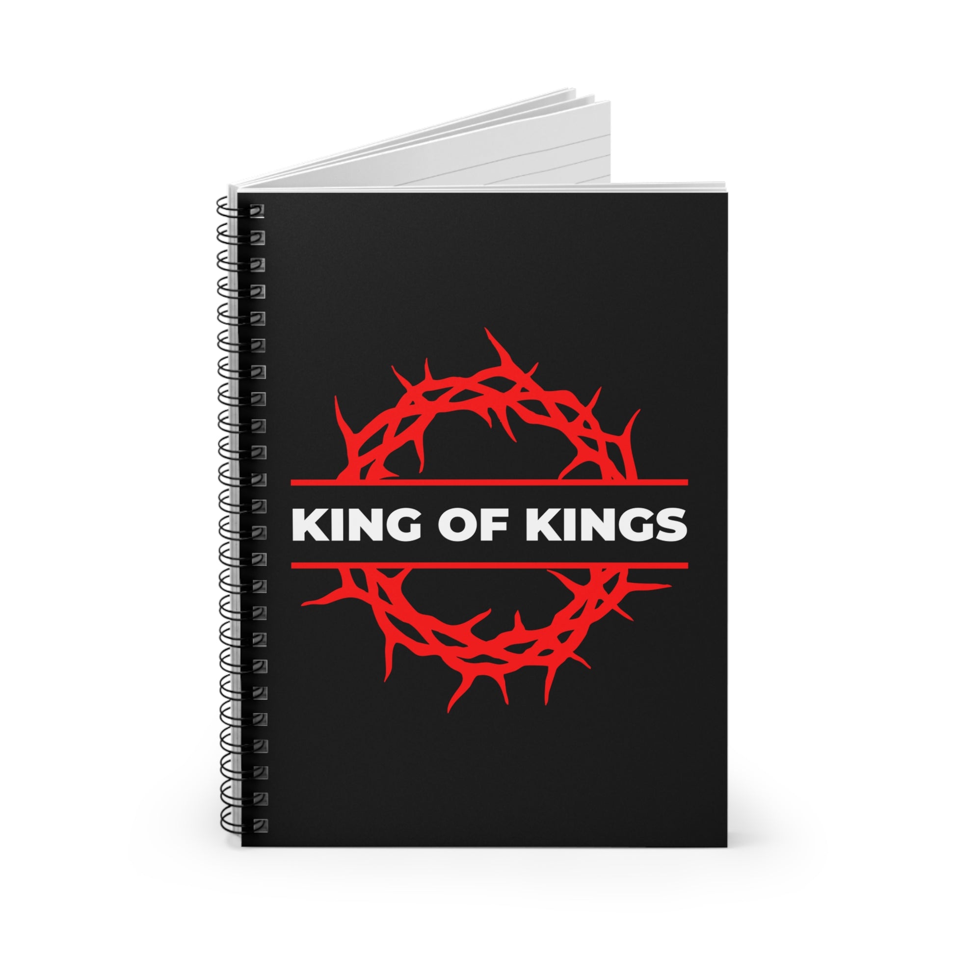 Black spiral notebook named "King of Kings Crown of Thorns | The King of Glory | Christ is King | Revelation 19:16," featuring a red crown of thorns and "KING OF KINGS" in white, inspired by Revelation 19:16.