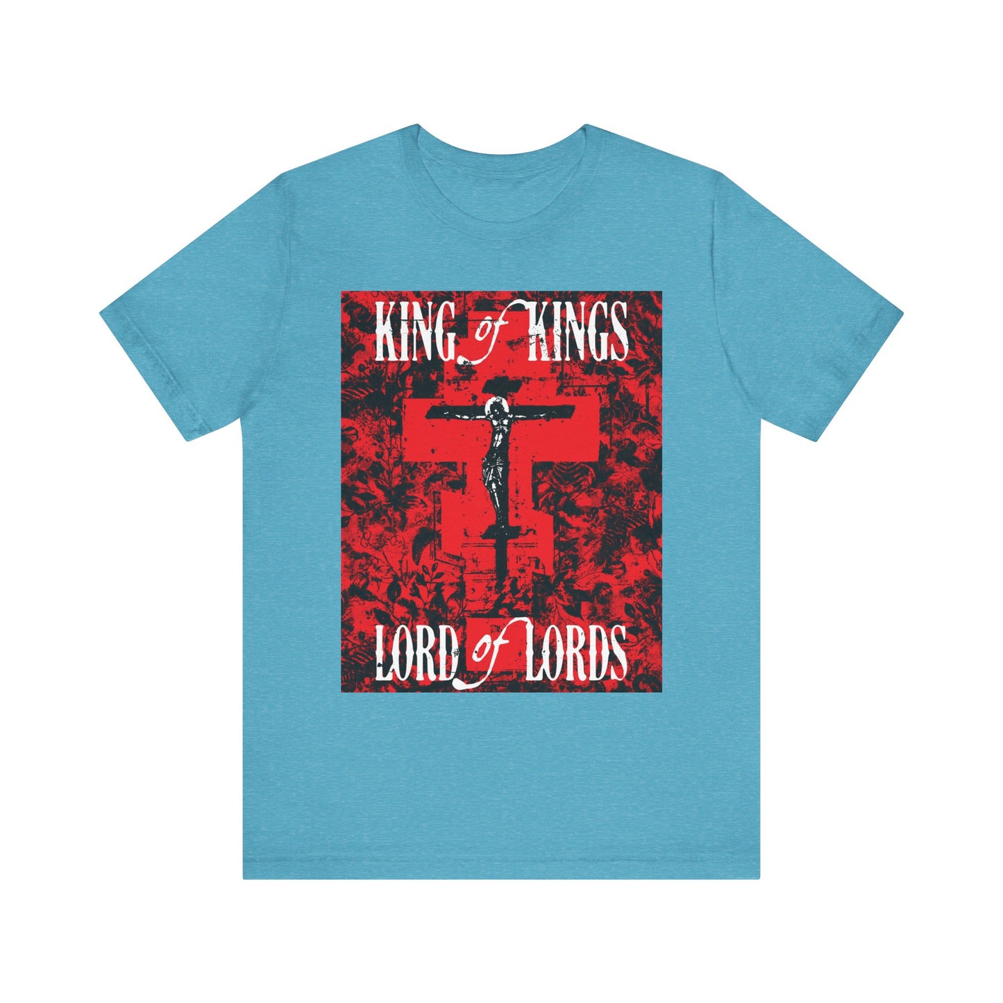 King of Kings, Lord of Lords | Christ Crucified Icono-Graphic | Red Cross Nature Texture w/ White Text | Lightweight Cotton Unisex Tee