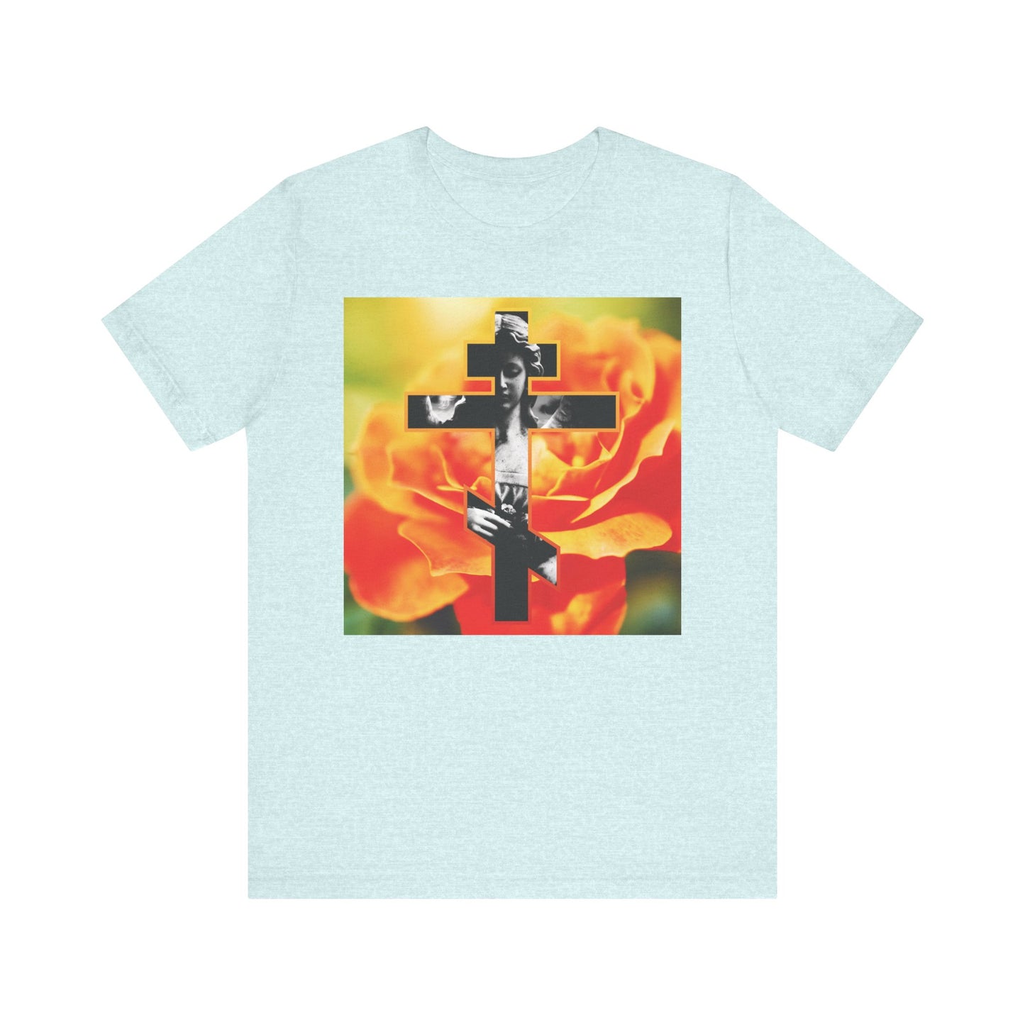 Heather Prism Ice Blue tee featuring a Cemetery Statue Angel Cross over an orange rose, inspired by "Remember You Will Die" and Orthodox Christian themes. Cotton unisex shirt—Memento Mori design.