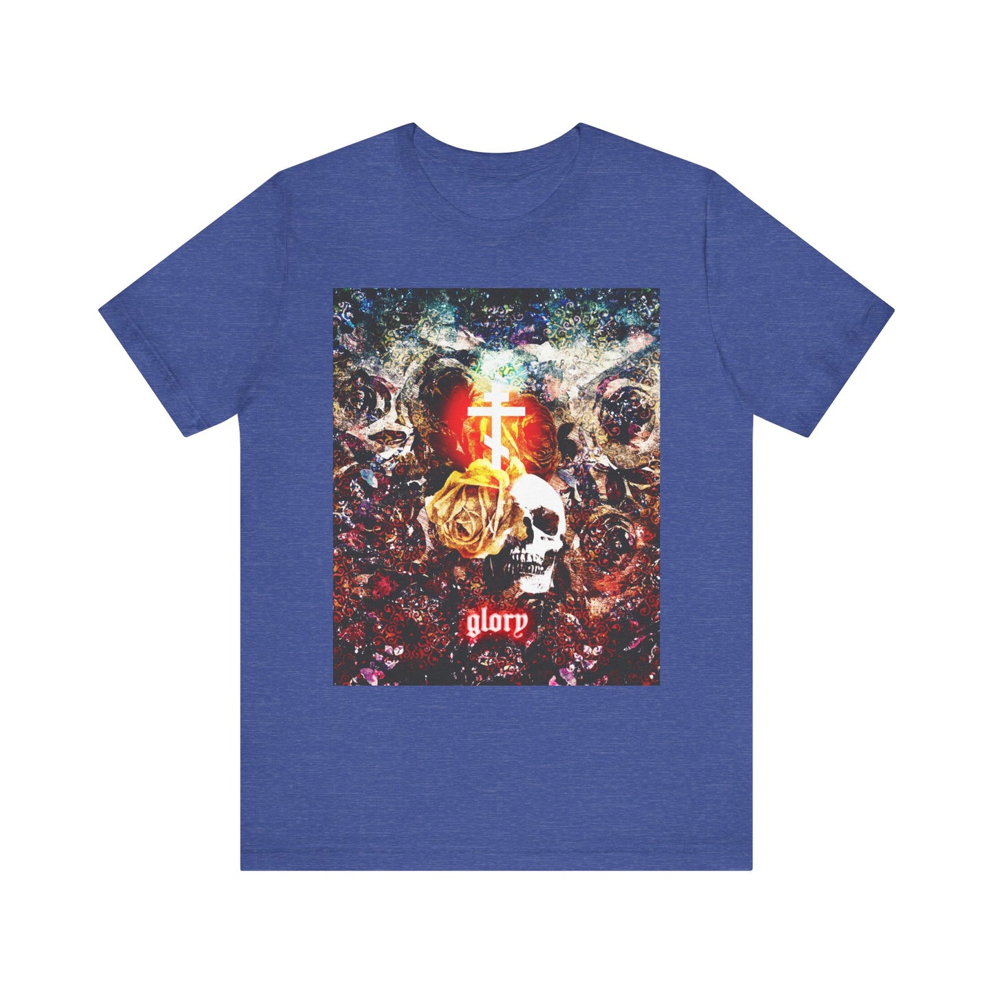 Heather True Royal lightweight cotton unisex tee featuring the "Now the Son of Man is Glorified (John 13:31)" design—a striking graphic with a skull, golden rose, glowing cross, and the word "glorp" at the bottom—evoking themes inspired by Judas Iscariot and Jesus’ betrayal during the Last Supper in Orthodox Christian tradition.