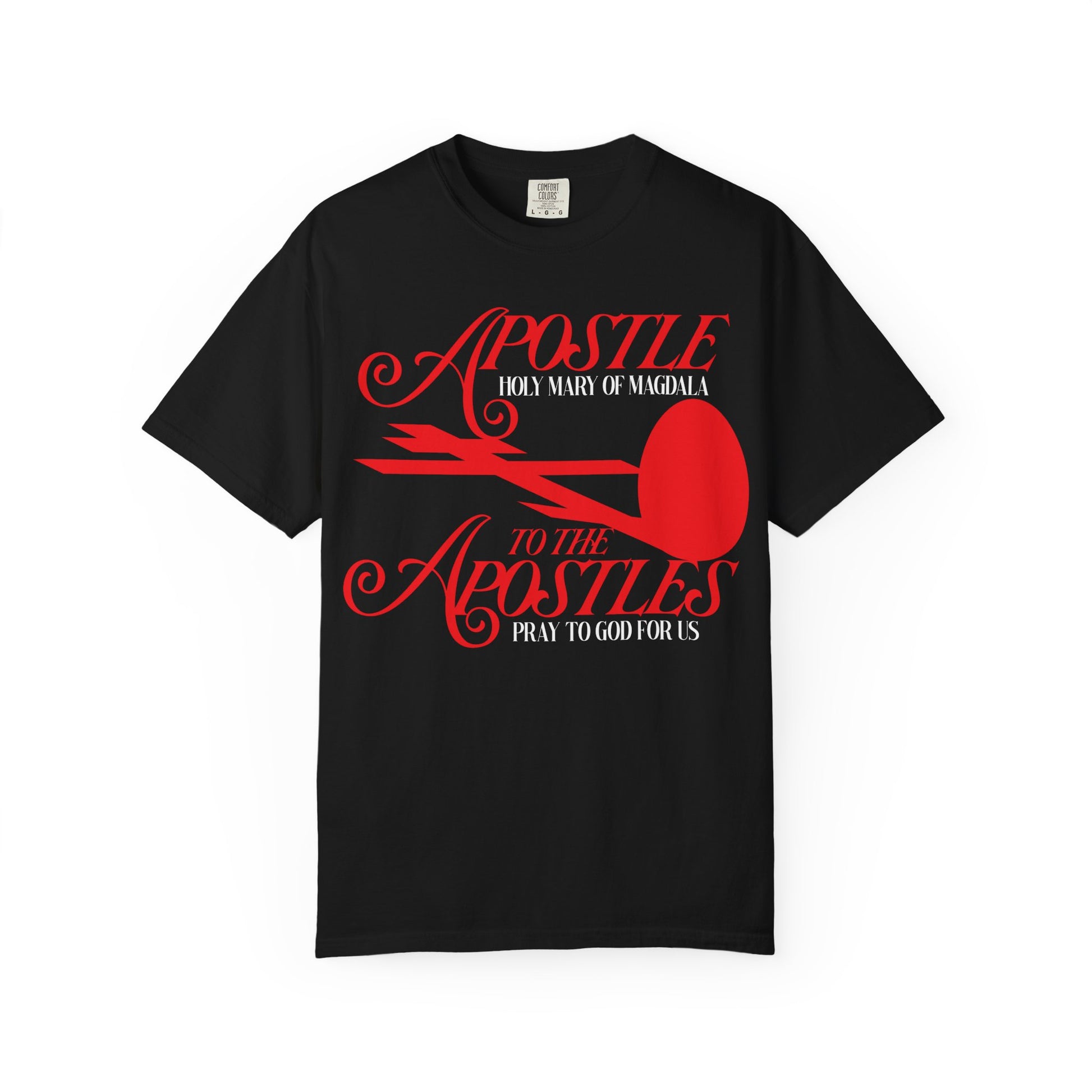 Black heavyweight cotton unisex tee featuring bold red text, “Apostle to the Apostles,” along with a striking red cross and red egg design on the front—celebrating St. Mary Magdalene’s witness at the Tomb of Jesus in Orthodox Christian tradition.