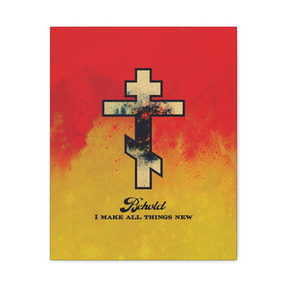 Behold, I Make All Things New (Revelation 21:5) | Cosmic Orthodox Cross on Red and Yellow Background | Orthodox Christian Canvas Art