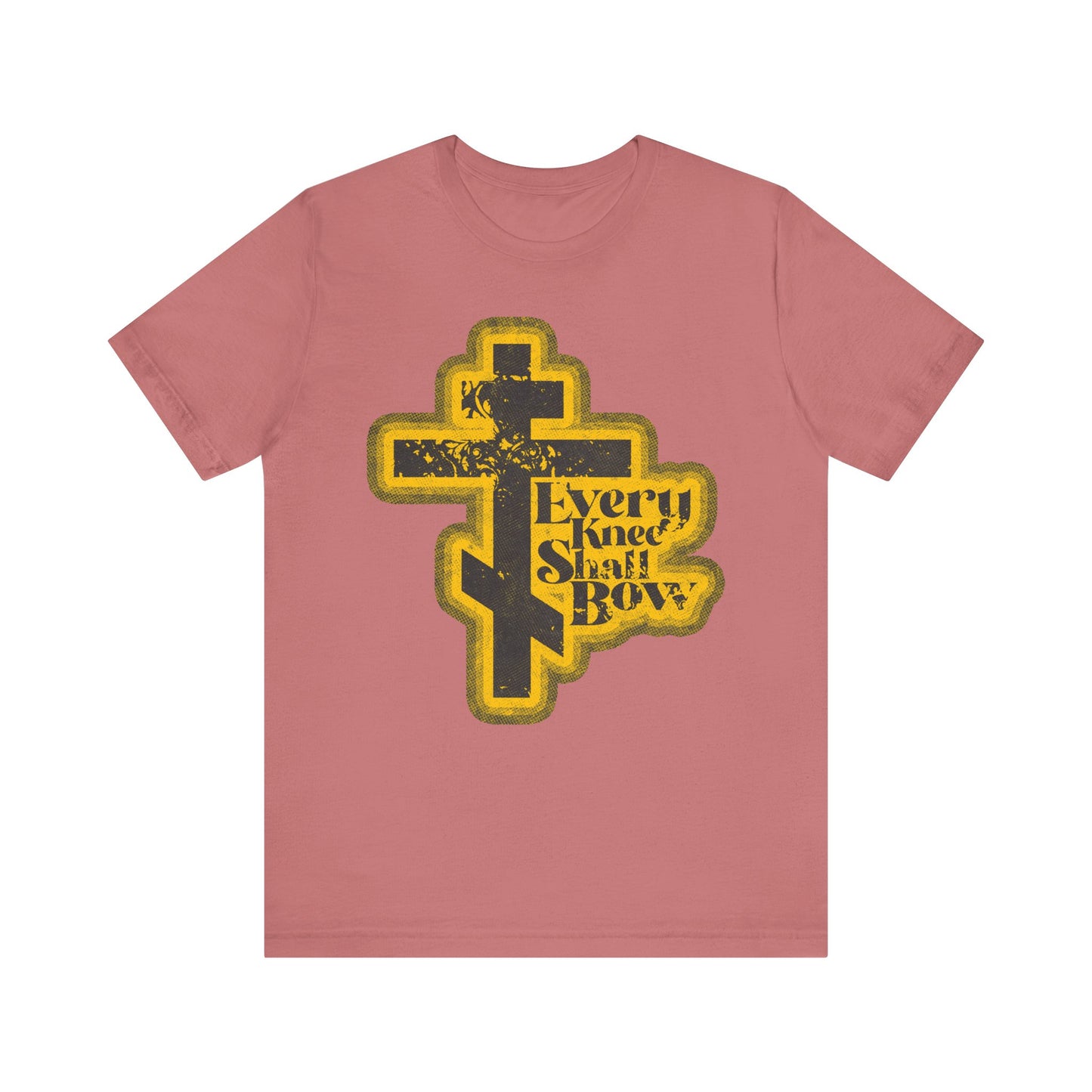 Mauve “Every Knee Shall Bow” lightweight unisex tee in a 70s distressed halftone comic book style, inspired by Philippians 2:10-11 and Isaiah 45:23.