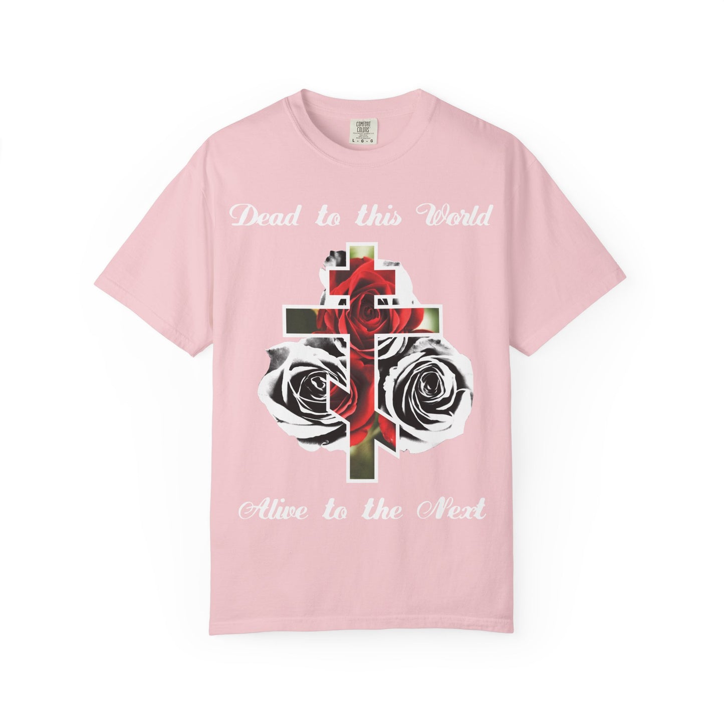The Dead to This World Alive to the Next heavyweight cotton tee in Blossom features a cross, red roses, and inspiring John 12:25 design—an expression of Christian faith. Unisex fit.