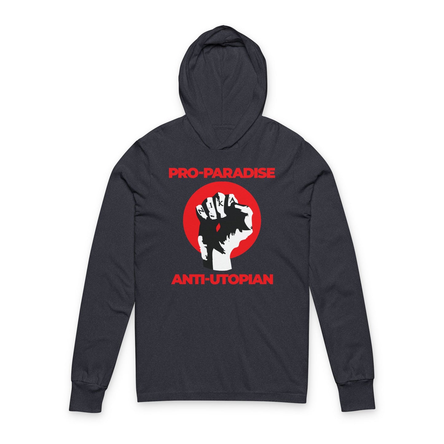 Heather navy hoodie featuring a Jesus Christ crucified NIKA fist graphic, red circle, and "PRO-PARADISE ANTI-UTOPIAN" text—Christian resistance to the dominant secular paradigm.