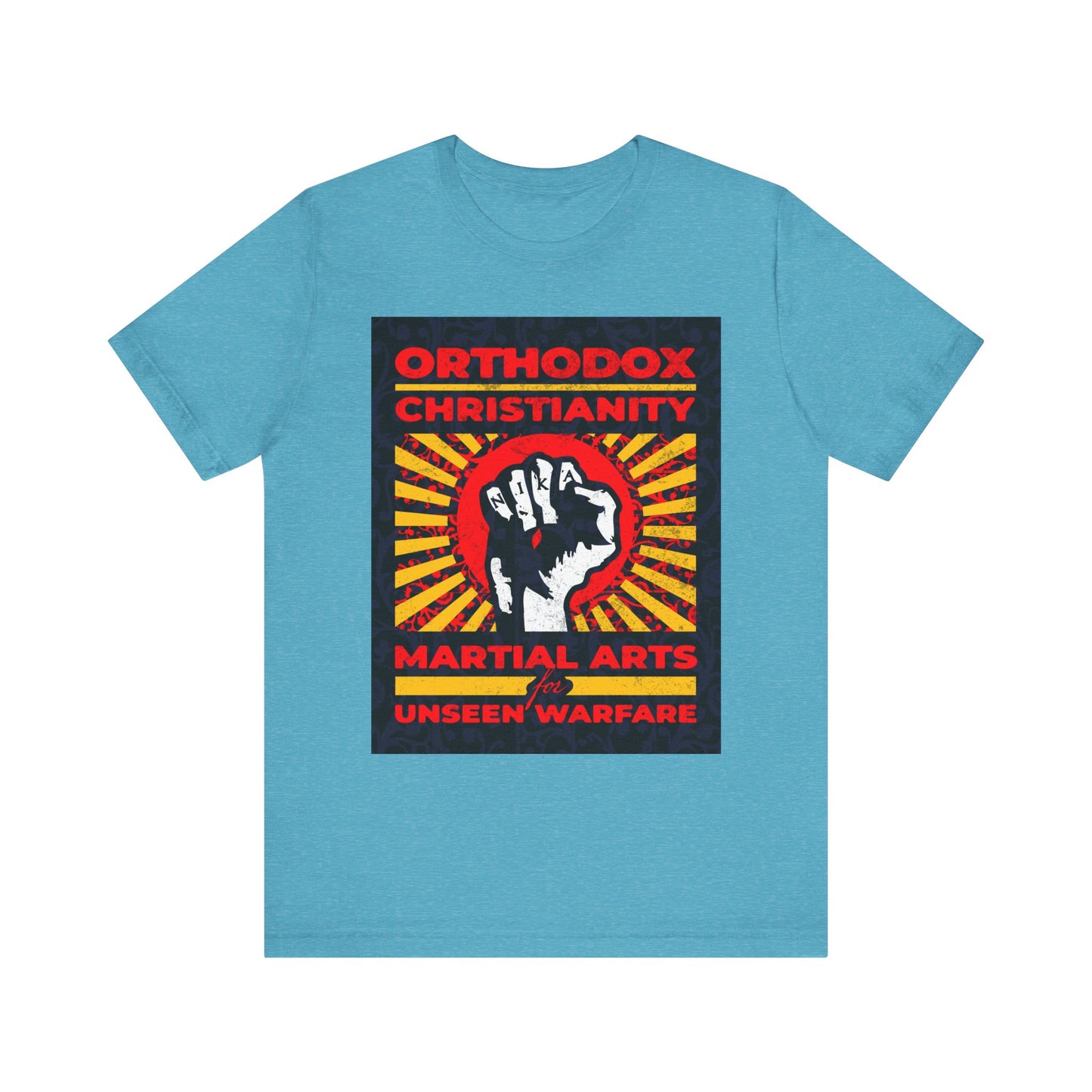 Heather aqua tee featuring the "Orthodox Christianity: Martial Arts for Unseen Warfare" design with a bold NIKA Jesus Fist on a colorful sunburst—a powerful reminder of the spiritual struggle and pursuit of Christian virtue. Lightweight cotton unisex fit.